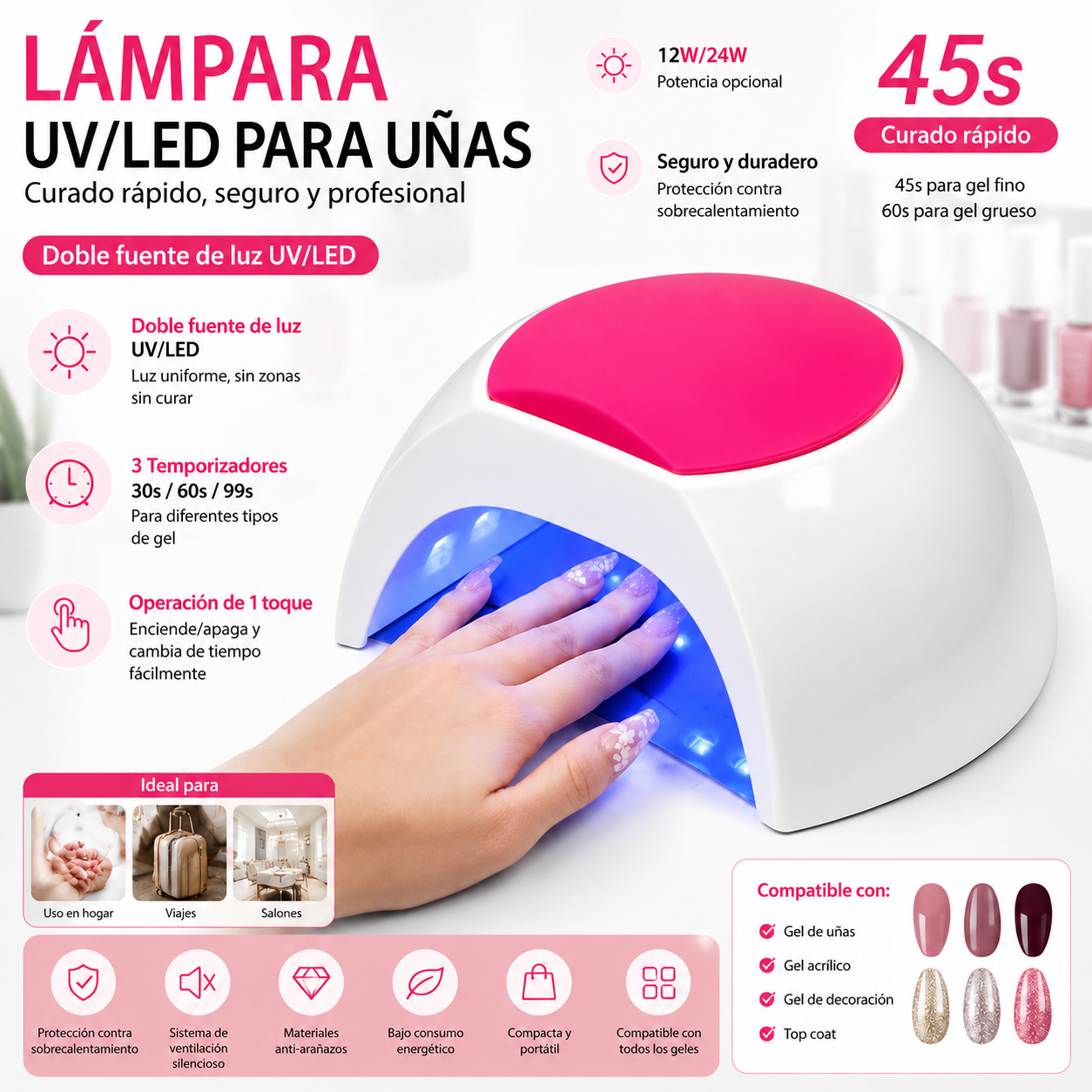 Lámpara UV/LED para Uñas 45 LEDs SUN 2C – Curado Rápido, Seguro y Profesional, Portátil, 3 Temporizadores, Compatible con Gel, Gel Acrílico y Nail Art Resultados excelentes