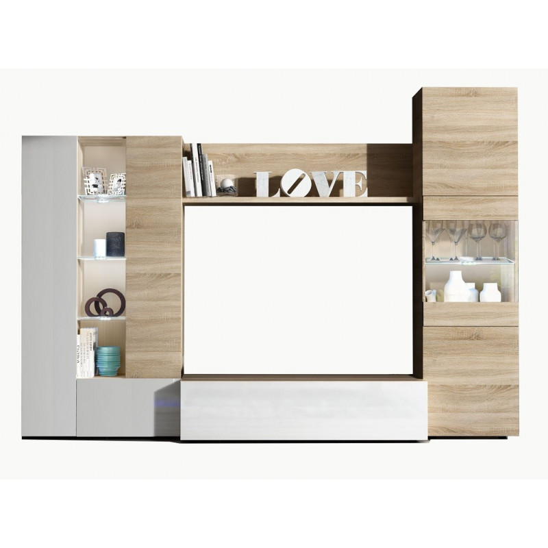 MOBELCENTER - Mueble Salón – Módulo TV, Módulo Vertical y Vitrina con Leds – Color Roble Canadian y Blanco Brillo – 260 cm x 42 cm x 185 cm - (0735)