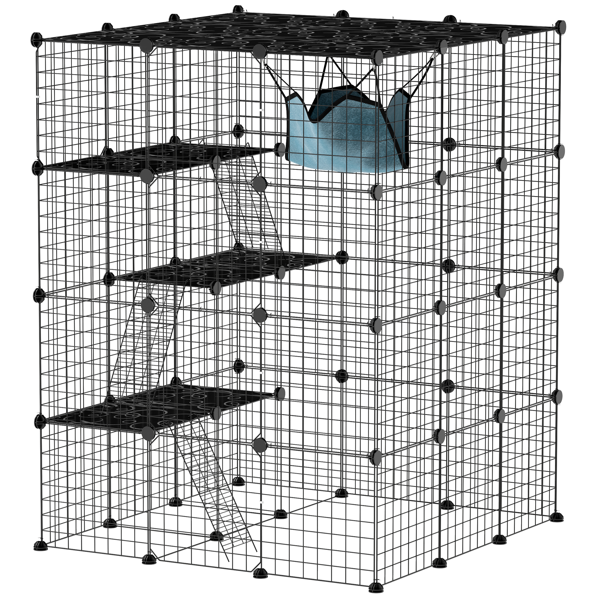 PawHut Valla para mascotas, recinto para conejos de interior, 4 niveles, recinto modular para animales pequeños, paneles de malla de alambre, 105 x 105 x 140 cm, color negro