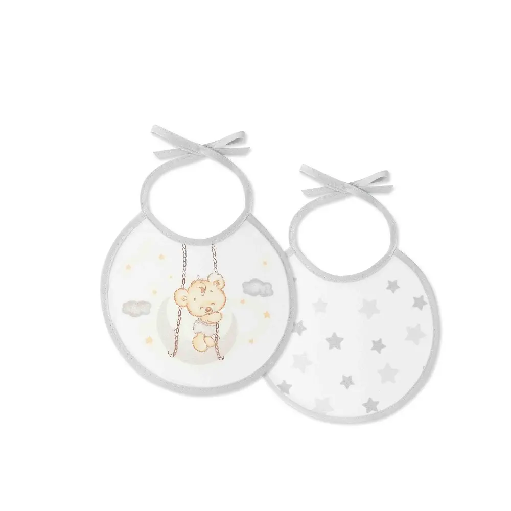 Pack de 2 Baberos Osito, Modelo Luna Estrellas, 100% Algodón, Color Gris, 20x20cm, Interbaby