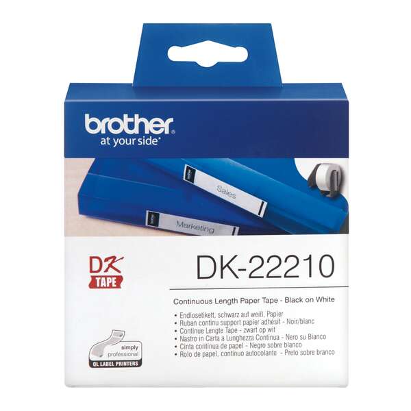 Brother dk22210 - etiquetas originales de tamaño personalizado - ancho 29mm x 30,48 metros - texto negro sobre fondo blanco