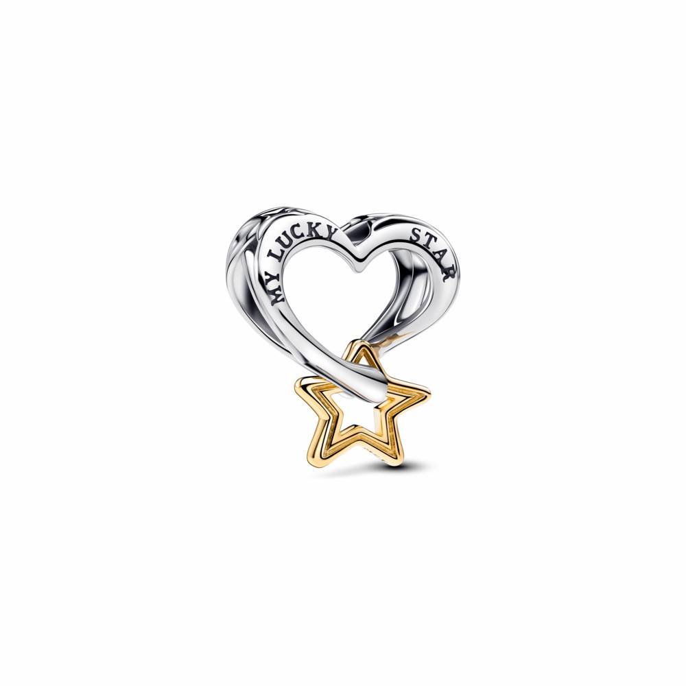 Charm PANDORA Estrella y Corazón de la Suerte Plata de primera ley, Recubrimiento en oro de 14k