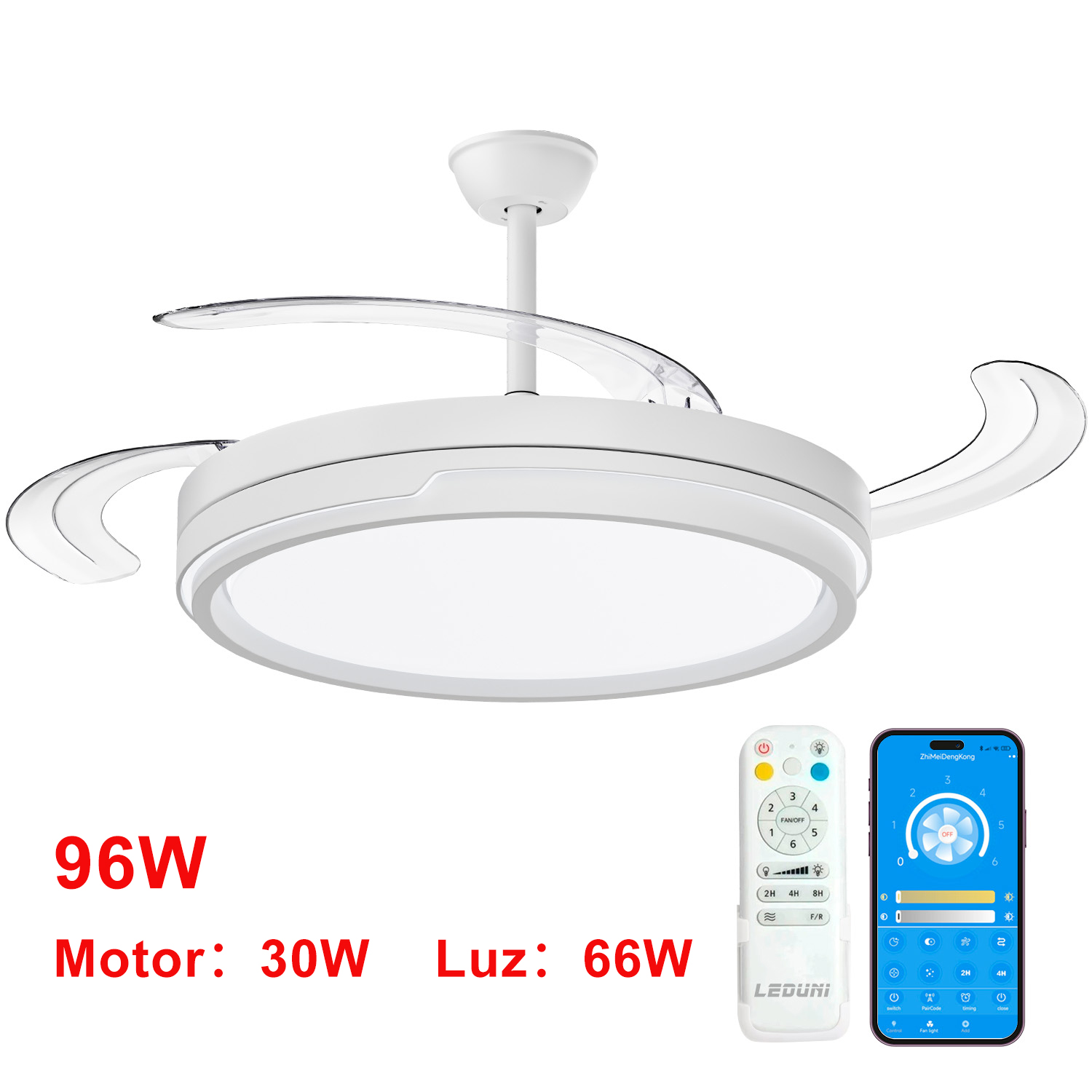 Ventilador de Techo OStarkDom con Luz LED Retráctil 106cm, 3 Aspas, Potencia Total 72W, Sin APP, con Mando a Distancia, Temporizador, 6 Velocidades, 3 Temperaturas de Luz, Función Verano-Invierno, Silencioso, Blanco OstarkDom-leduni