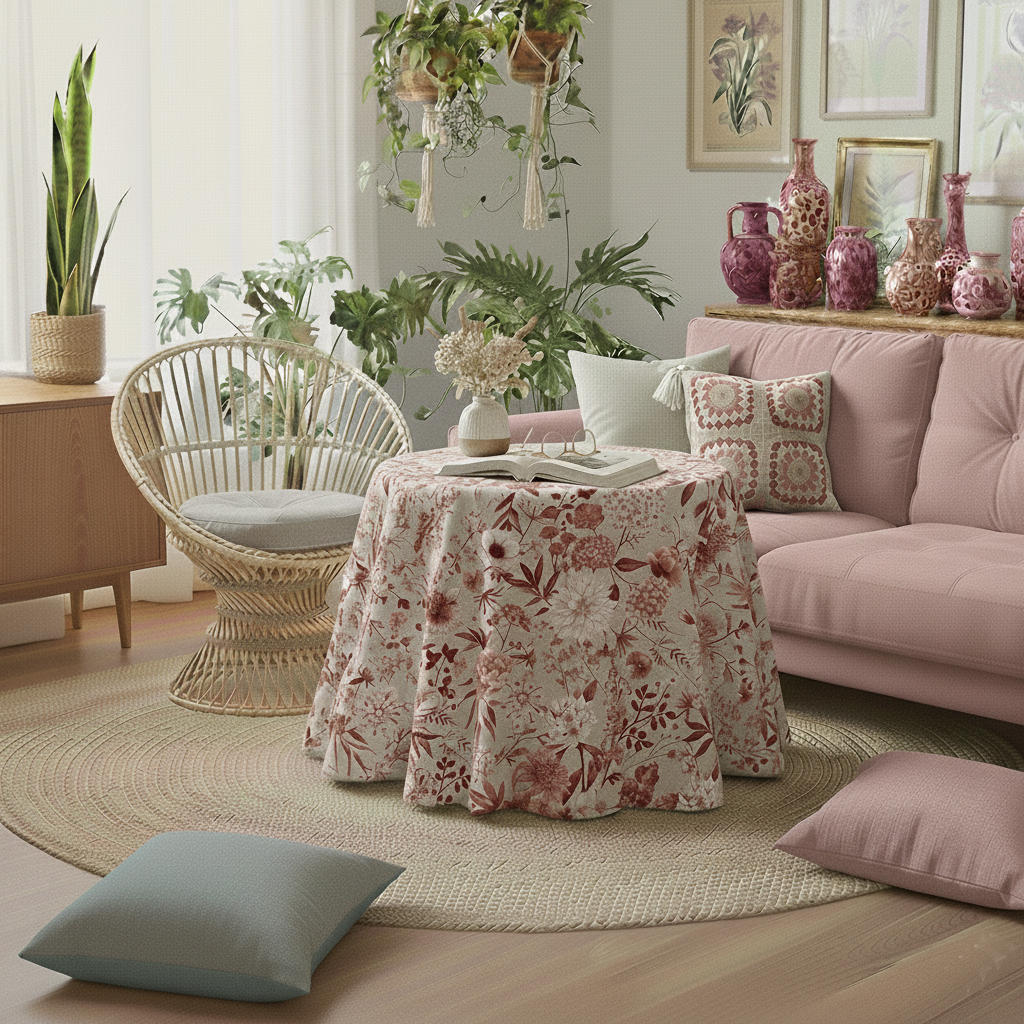 LaFábricadelasTelas - Falda o ropa de Mesa Camilla Redonda flores algodón color rojo-teja, gris-azul-marrón. Primavera Verano Loneta estampada flores algodón. Faldón Faldilla enagüilla