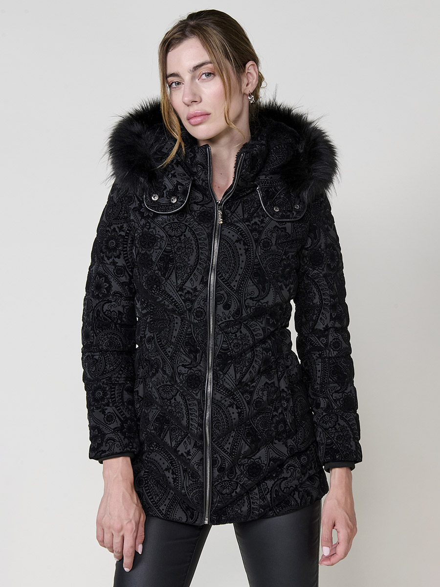 Koroshi - Parka acolchada plumífero flocada para mujer con capucha extraíble y efecto pelo, negro, diseño urbano de invierno
