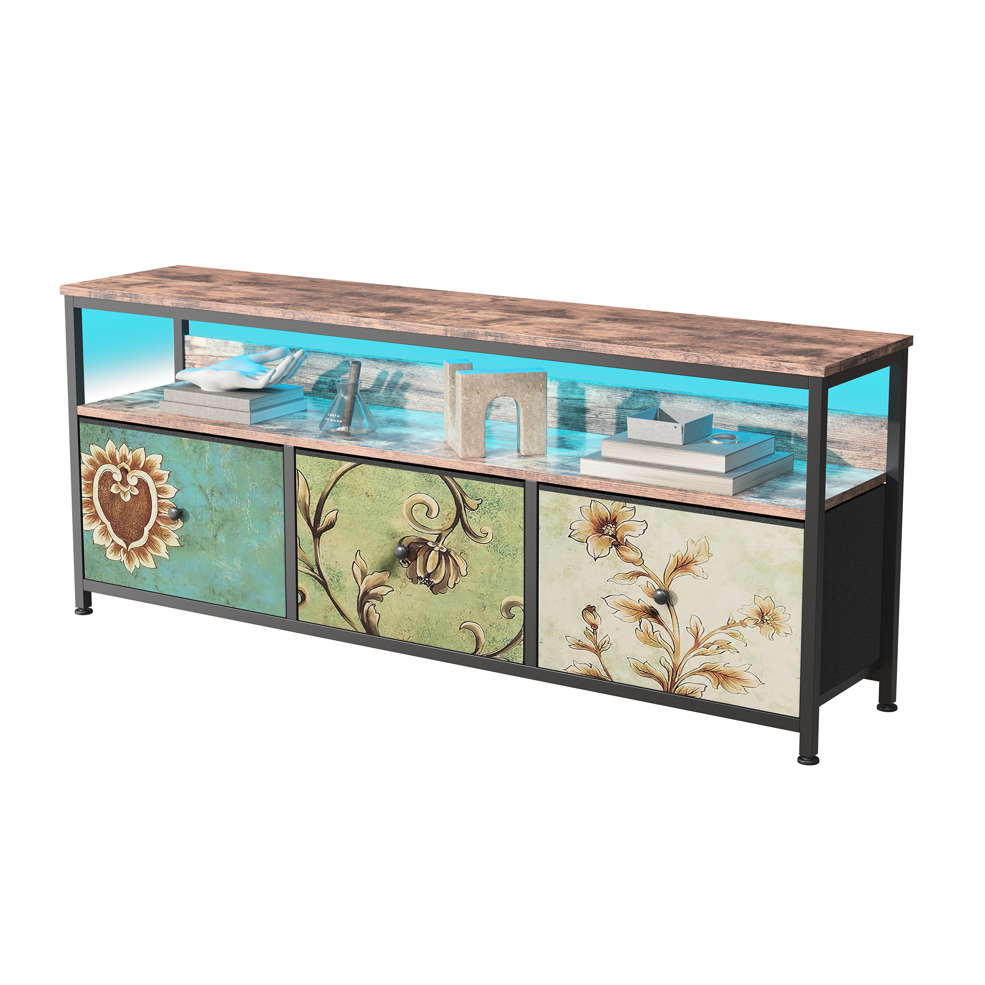Superaly TV Low Sideboard 108cm/137cm Storage Cabinet with LED Drawer Fabric Drawer Low Chest of Drawers Metal Frame for Living Room Entrance Hallway