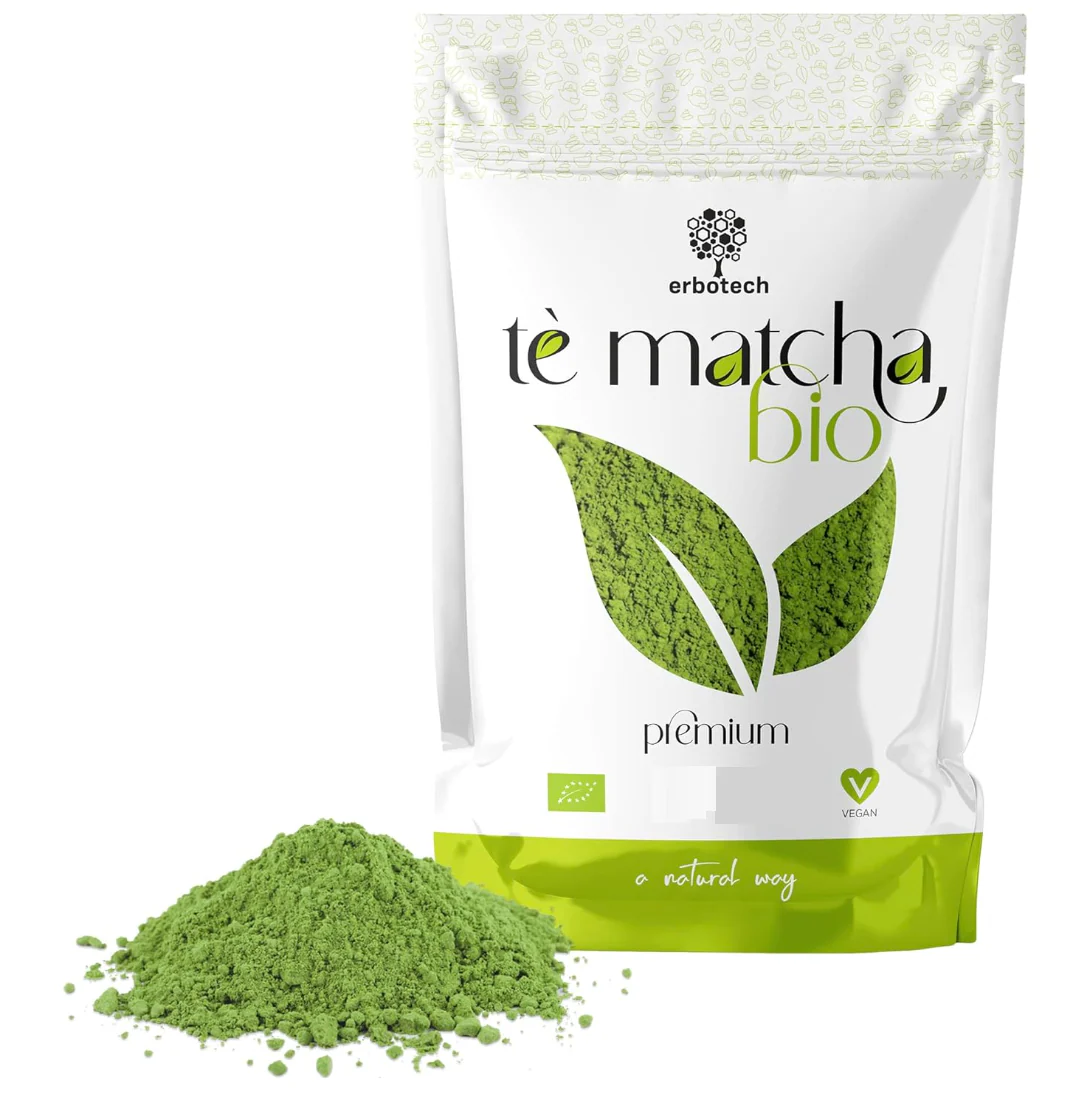 Erbotech, Te Matcha BIO Premium, 100g, Te Verde Japonés en Polvo, Rico en Vitaminas y Minerales, Te Matcha 100% Natural y Vegano, Hecho en Italia, Bolsa Resellable