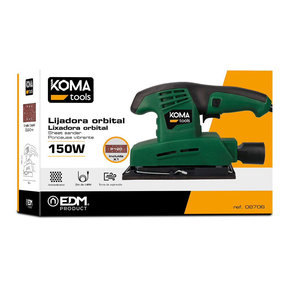 lijadora orbital electrica 150w 25,2x15,8cm koma tools