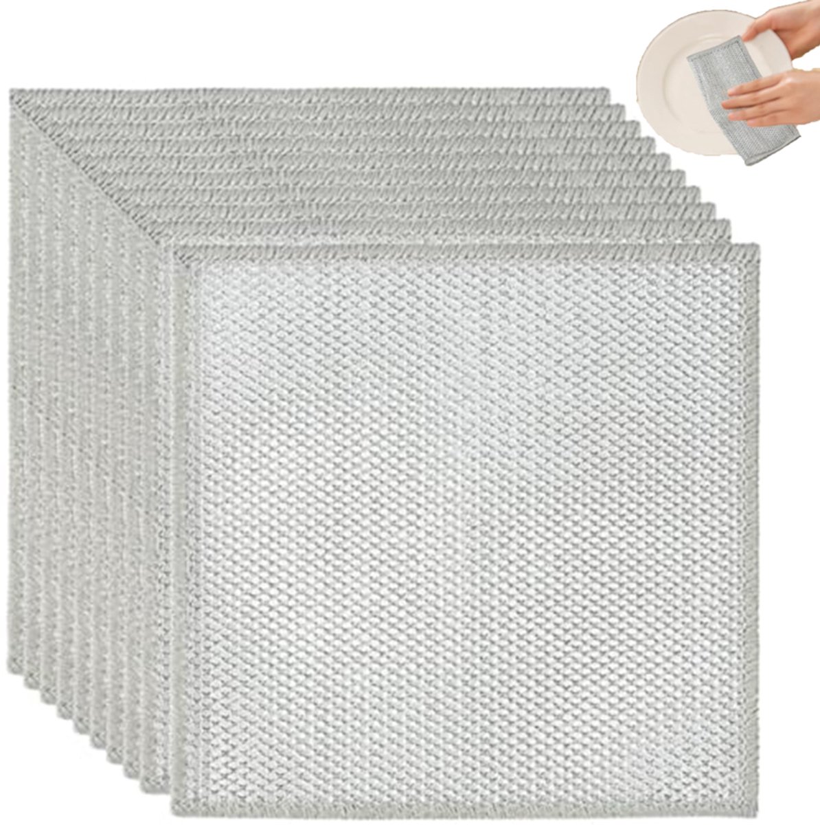 10 piezas - 25*25 - Paño de cocina multifuncional de alambre metálico - Toalla de cocina de alambre metálico color plata - Paño de cocina de alambre metálico para la estufa - Paño de limpieza de alambre de acero antiadherente que elimina la grasa y la suc