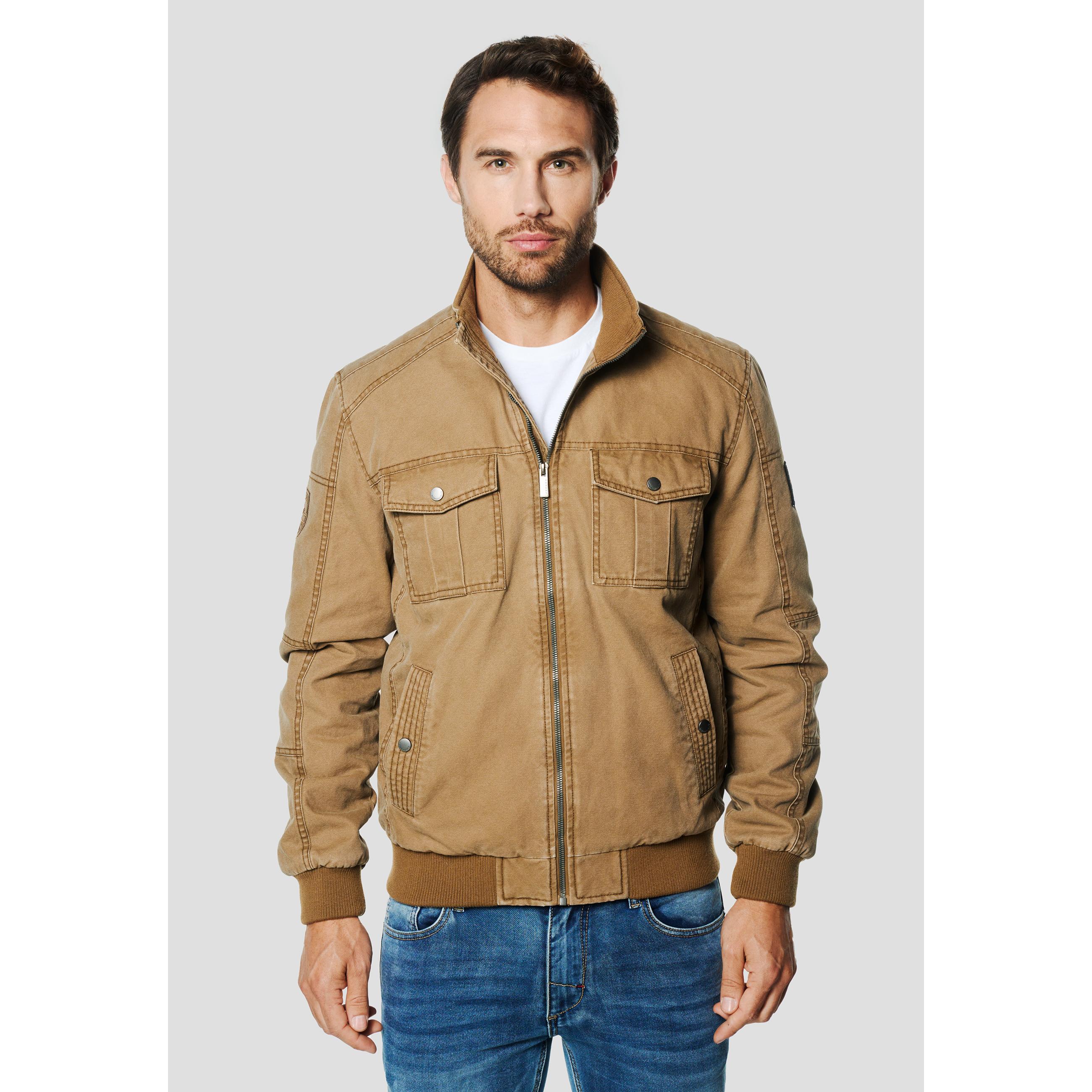 Koroshi - Chaqueta cazadora estilo militar para hombre, 100% algodón con cuello alto y cremallera frontal, azul marino o marrón claro