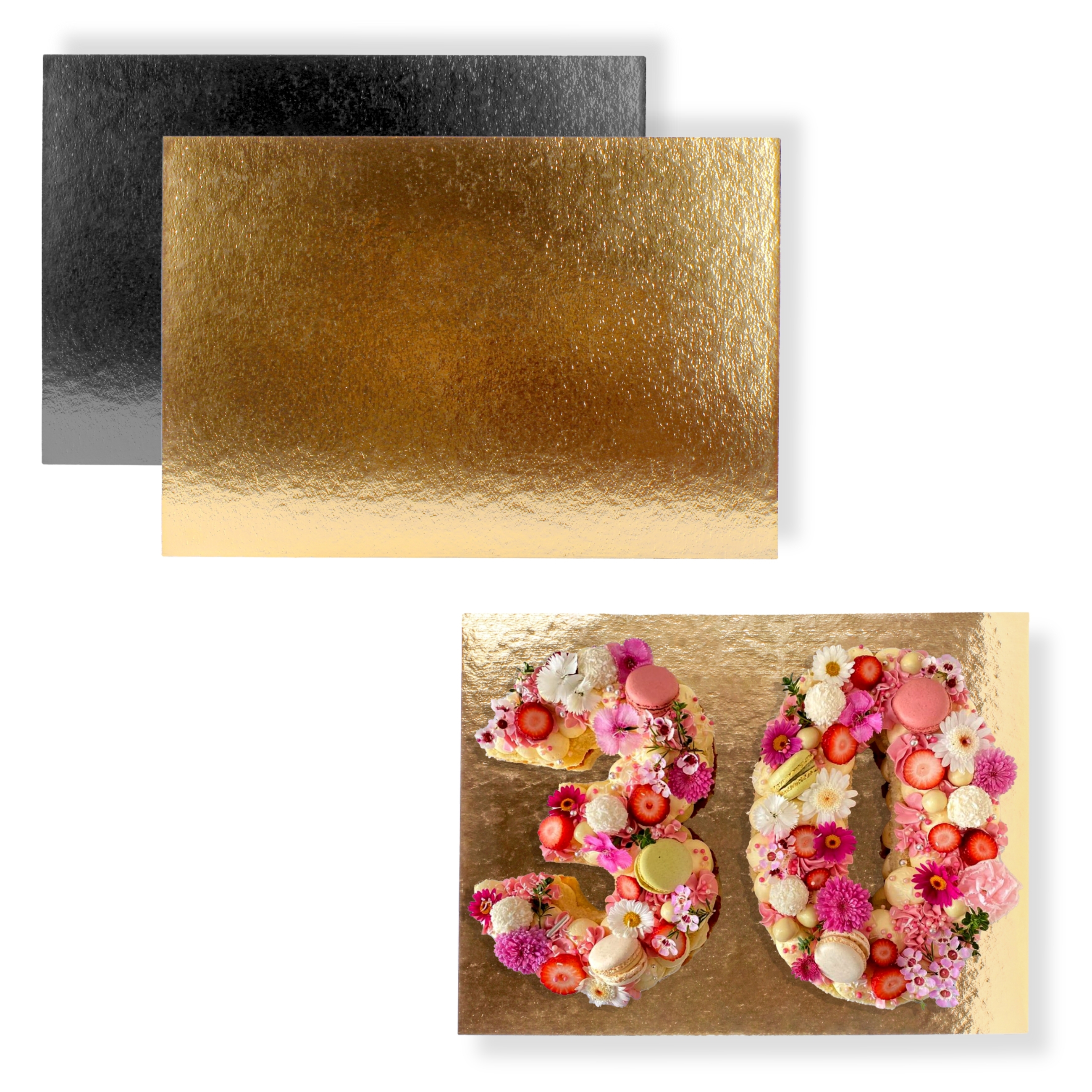 Bases para Tartas Rectangular 40x30 cm | Pack de 10 | Grosor 1 mm | Be Your Packer | Soporte Expositor en Cartón para Bizcochos, Pasteles y Dulces | Color Dorado , Oro-Negro, Plateado y Oro-Plata