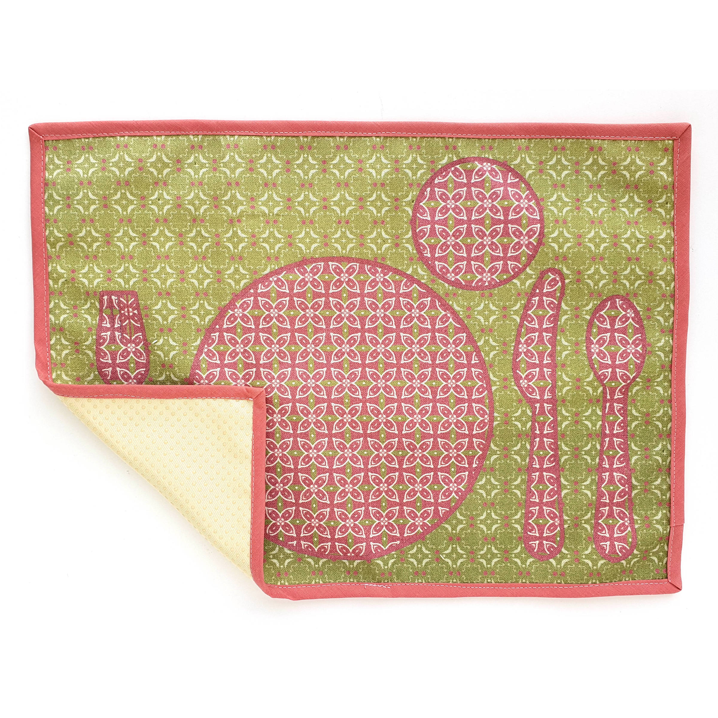 Mimia Montessori - Mantel individual de Algodón 100% Impermeable, Estampado Rosa Kaki, Para Aprender a Poner la Mesa, antimanchas, hecho a mano