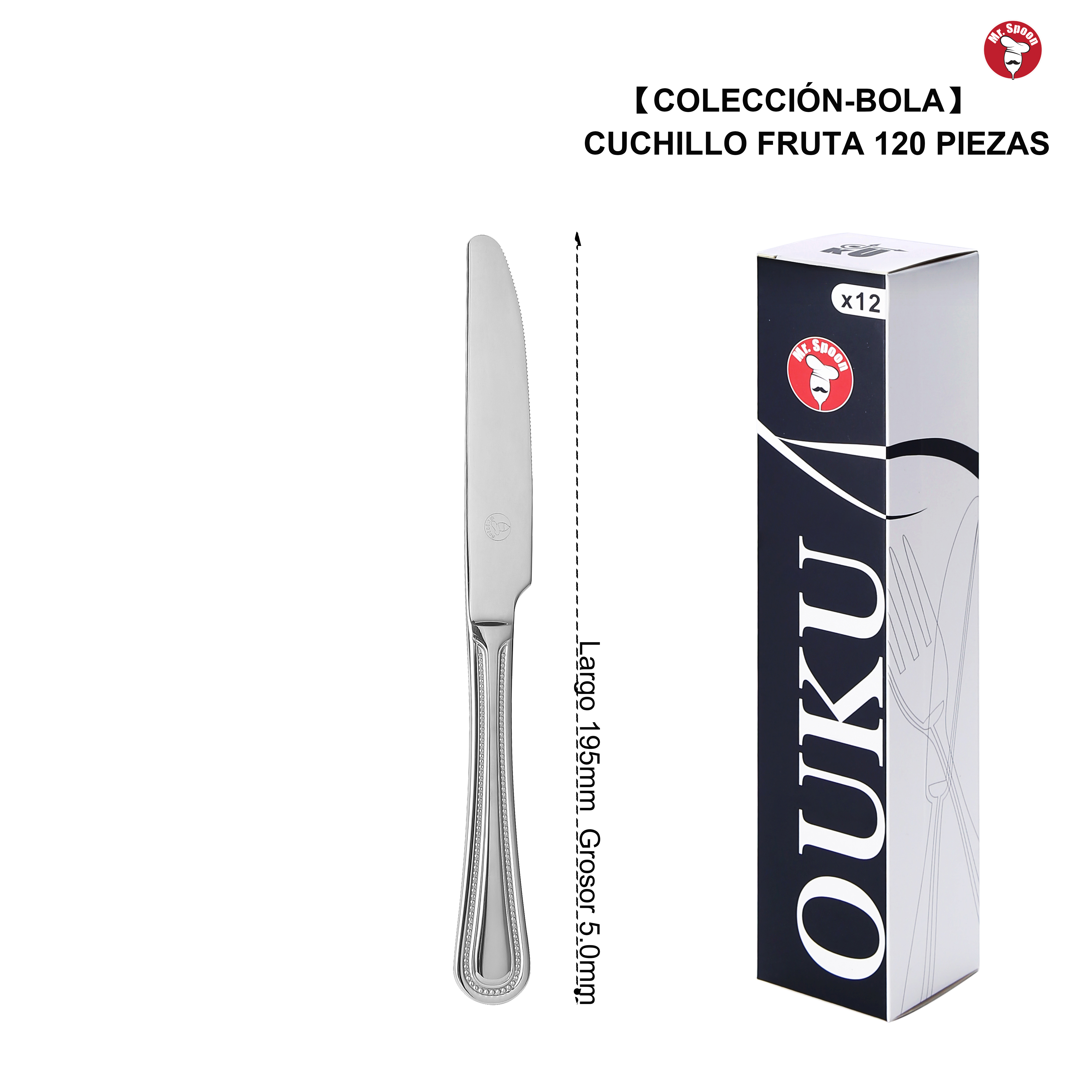 Mr.Spoon Serie Bola Cuchillos 12, 48 o 120 piezas,Acero inoxidable 13/0,Plateado,Económico y funcional,Cuchillo de carne y mesa largo 225mm,cuchillo de fruta 195mm,Mango monobloque,Apto para lavavajillas,Empaque ecológico,Ideal para casa,hotel,restaurante