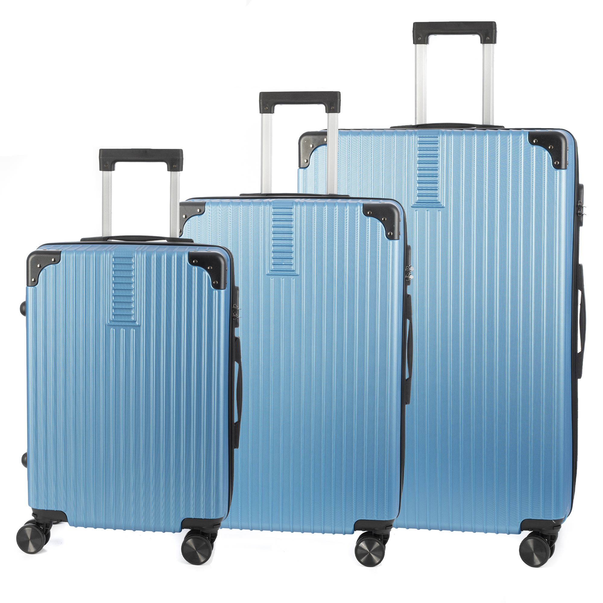 DAM Juego de 3 maletas Trolley, en material ligero ABS de alta resistencia con esquinas reforzadas. Cerradura numérica y 4 ruedas dobles extraíbles y giratorias 360°. 52x31x78Cm