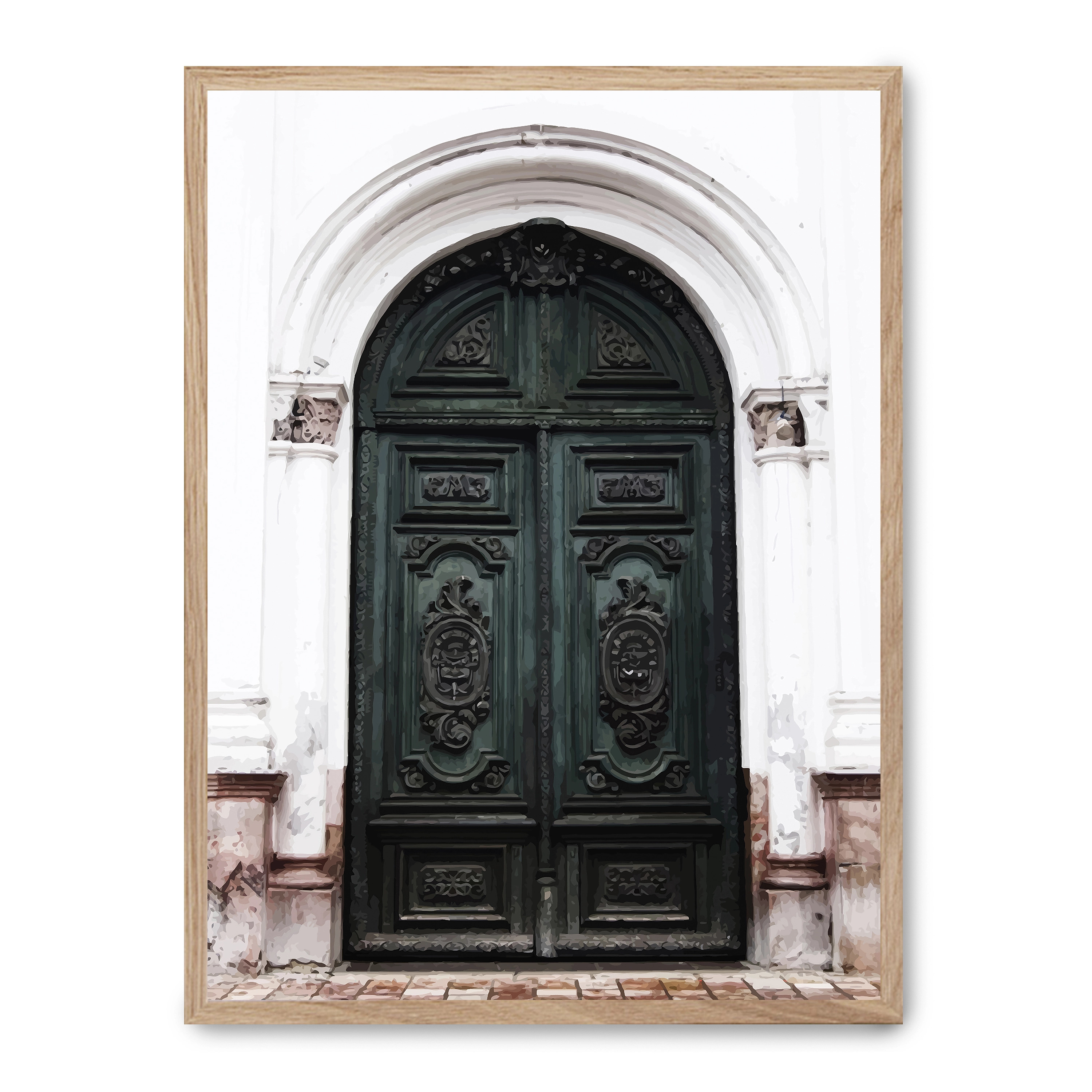 Cuadro green old door 30x40cm, Póster impreso en papel de primera calidad de 180gr, montado sobre marco de madera MDF acabado roble., Arquitectura