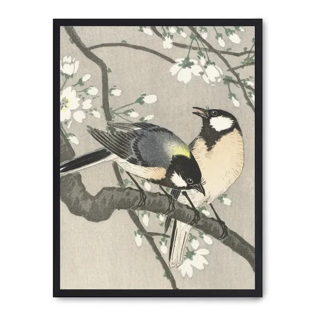 Lámina con marco negro SPRING BIRDS 21x30 cm, Póster impreso en papel de primera calidad de 180gr, montado sobre marco de madera MDF acabado en negro., Arte - Japonés