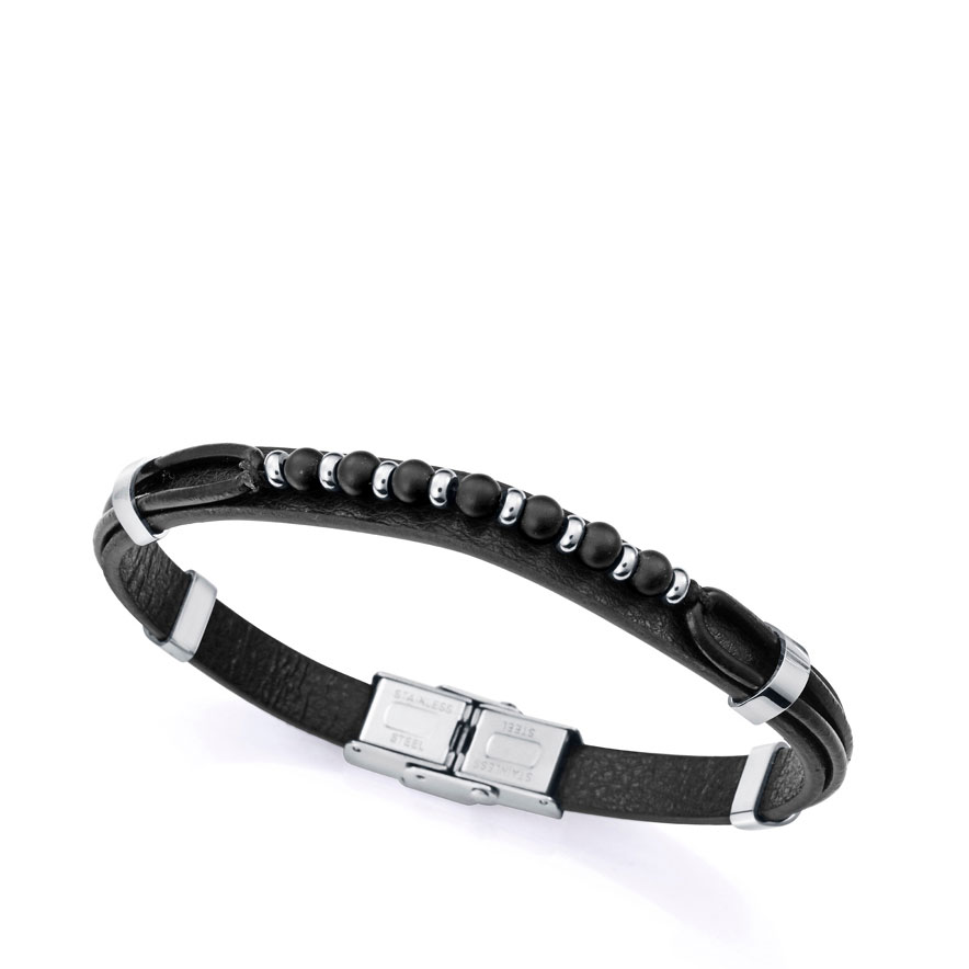 Viceroy Pulsera de hombre de acero y piel negra