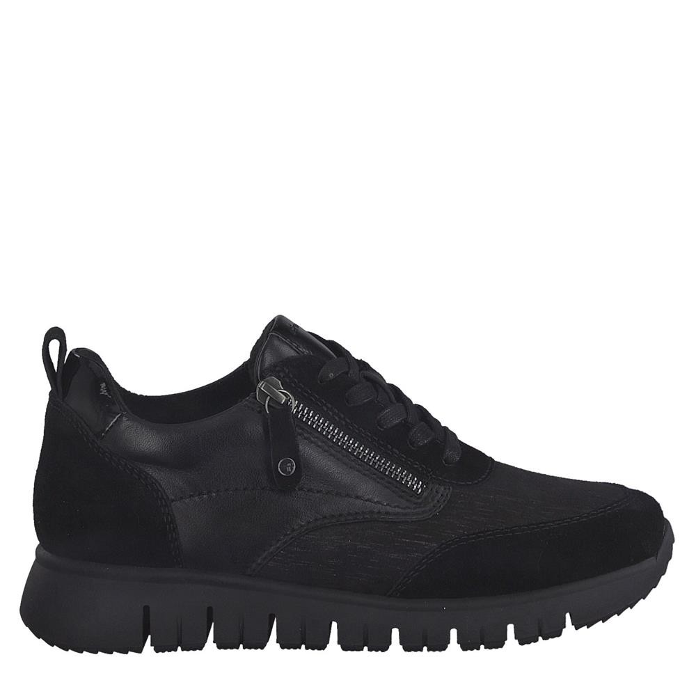 Cómoda  Deportiva mujer 83705 de TAMARIS CONFORT combinada en piel lisa, serraje y licra elástica negros. Plantilla anatómica extraible. Ajuste con cremallera y cordones Altura Tacón bajo (1-3 cm) Referencia