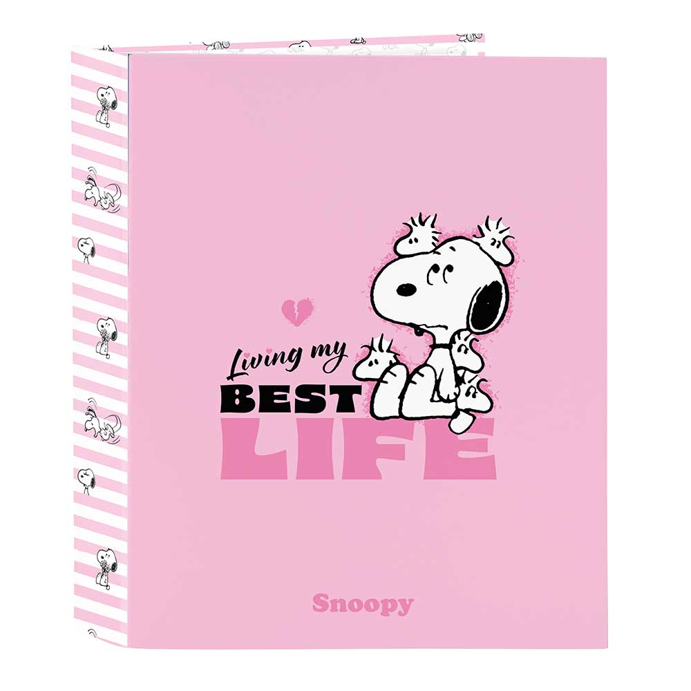 SAFTA | Carpeta Folio Snoopy 4 Anillas Mixtas 25 mm, Tapas Duras Forradas, Archivador Escolar Resistente para Vuelta al Cole, Diseño Azul con Snoopy y Corazones, Licencia Oficial