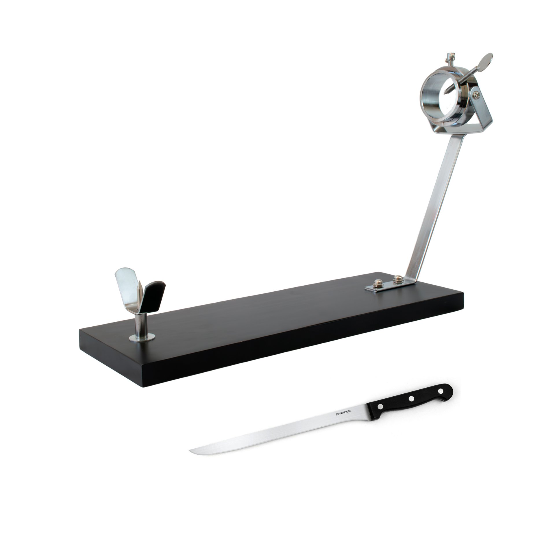 Fackelmann Set Soporte Jamonero Giratorio XXL Negro, 48x34 cm, Especial Jamones Grandes, Incluye Cuchillo Jamonero 24/36 cm