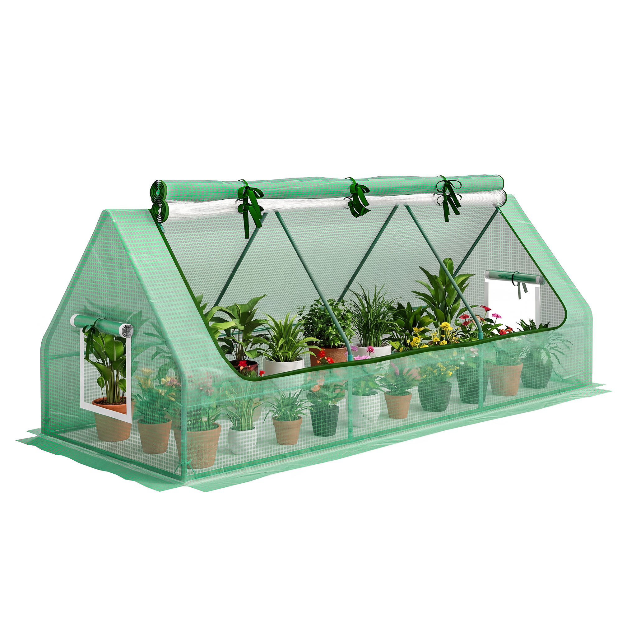 Outsunny Invernadero de Exterior, 240x90x90 cm, Invernadero Pequeño con 3 Ventanas Enrollables de Malla, Marco de Acero y Cubierta PE 140g/㎡ Anti-UV para Jardin, Cultivos, Plantas, Verde