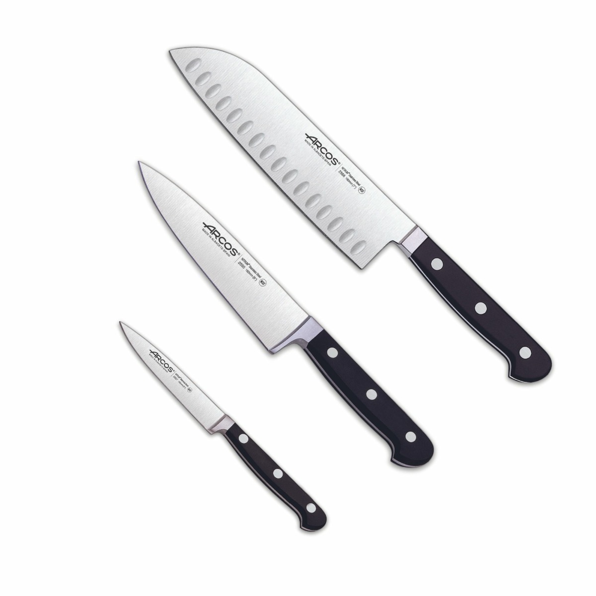 Arcos Serie Clasica - Set de Cuchillos de Cocina 3 piezas (Mondador + Cocina + Santoku) - Hoja de Acero Inoxidable Forjado NITRUM - Mango de Polioximetileno (POM) Color Negro