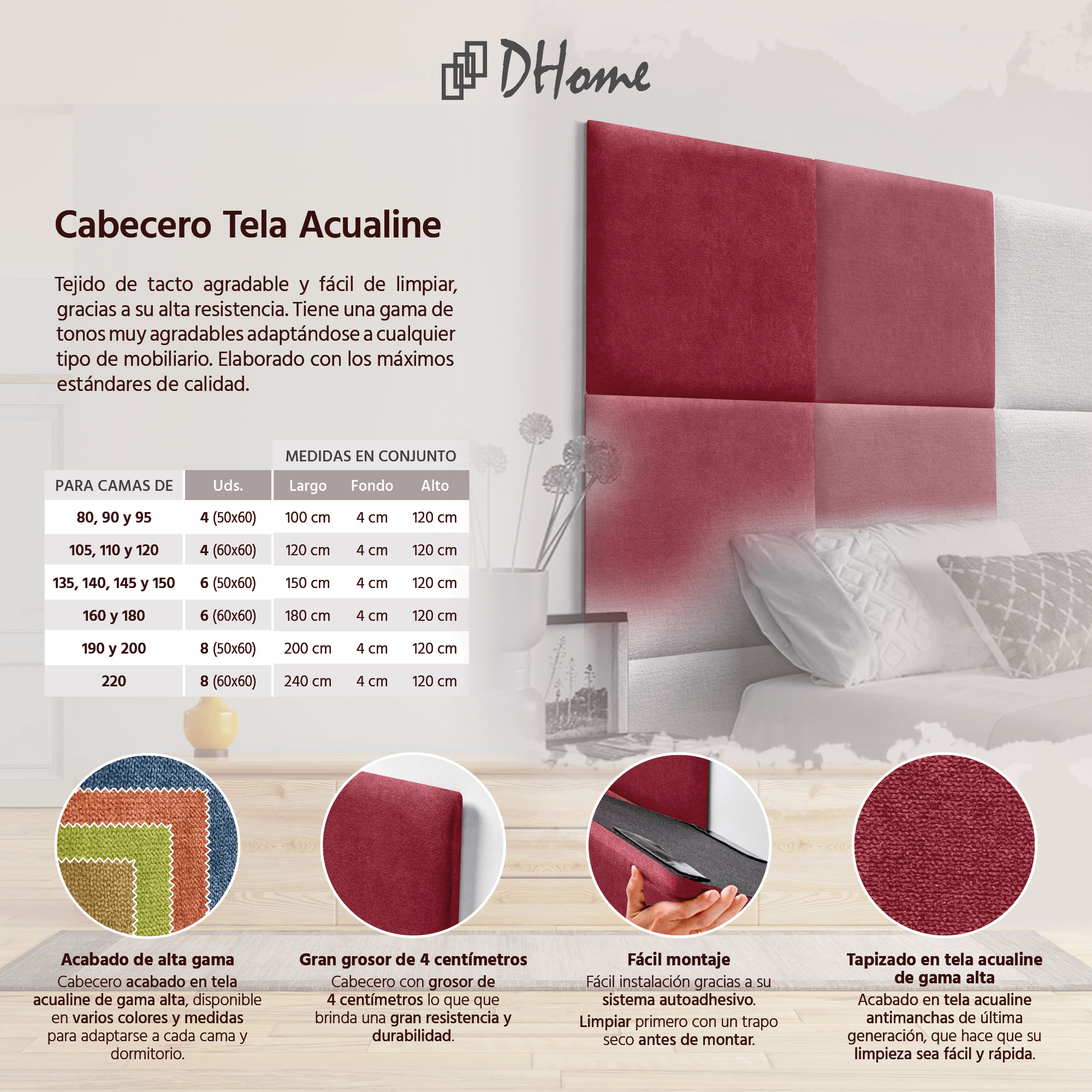 DHOME Cabecero Tapizado Compuesto de Paneles Autoadhesivos Intercambiables de Tela Acualine Cama Lujo Dormitorio Acolchado Segunda Gama de Colores