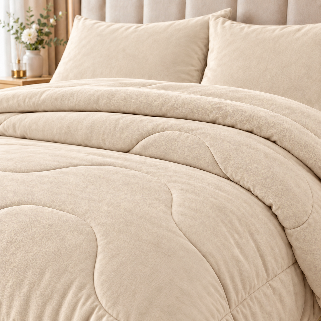 Edredón de Invierno con Reverso de Borreguito, Set de 3 Piezas con 2 Fundas de Almohada, Suave, Cálido y Lavable a Máquina, Beige, 2 Tamaños: Cama 150 (220 x 240 cm) y Cama 180 (240 x 260 cm)