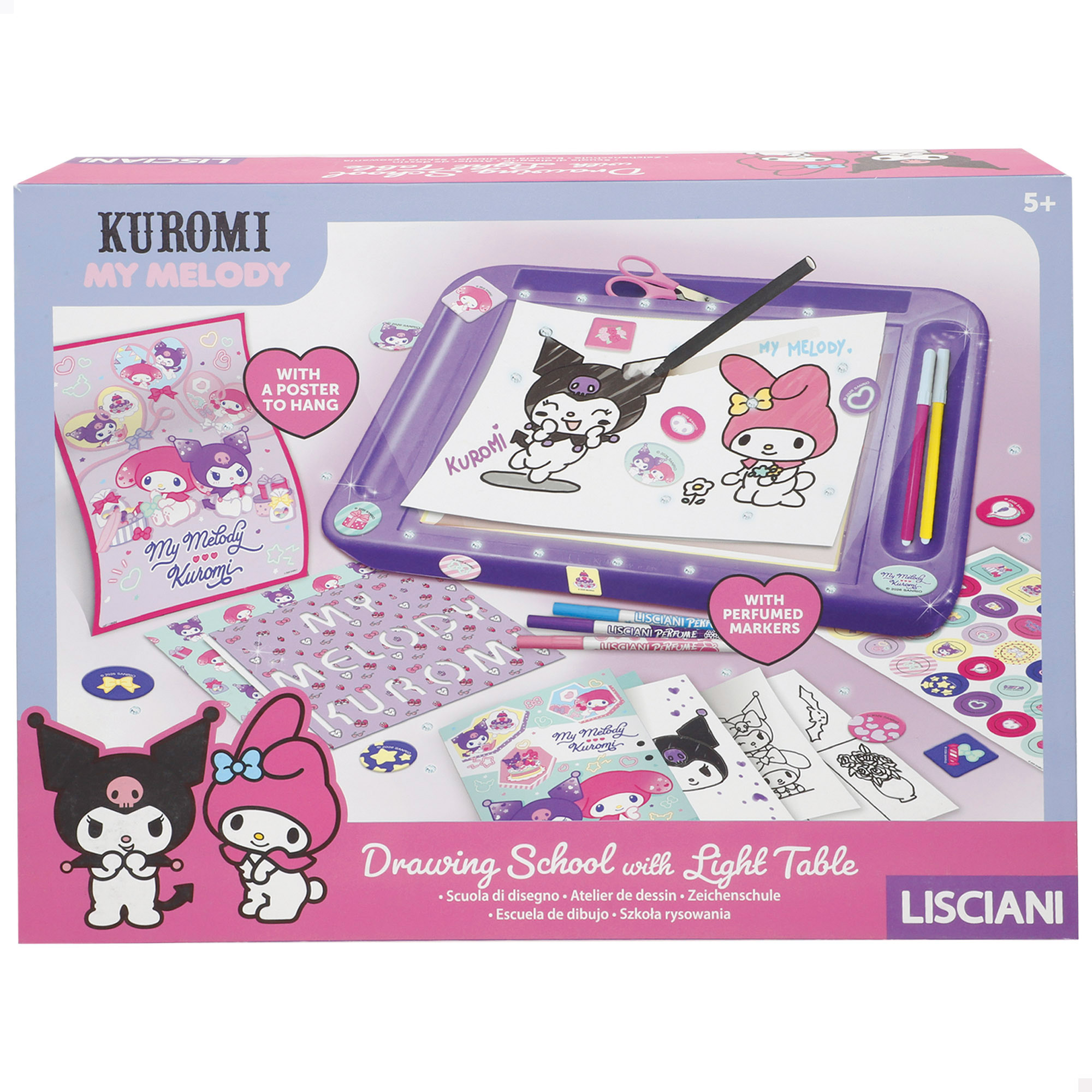 Kuromi - Mesa de dibujo con luz, rotuladores, láminas, papeles decorados, pegatinas, plantillas, tijeras, pegamento y libro de actividades, licencia oficial, dibujos animados, recomendado a partir de 5 años