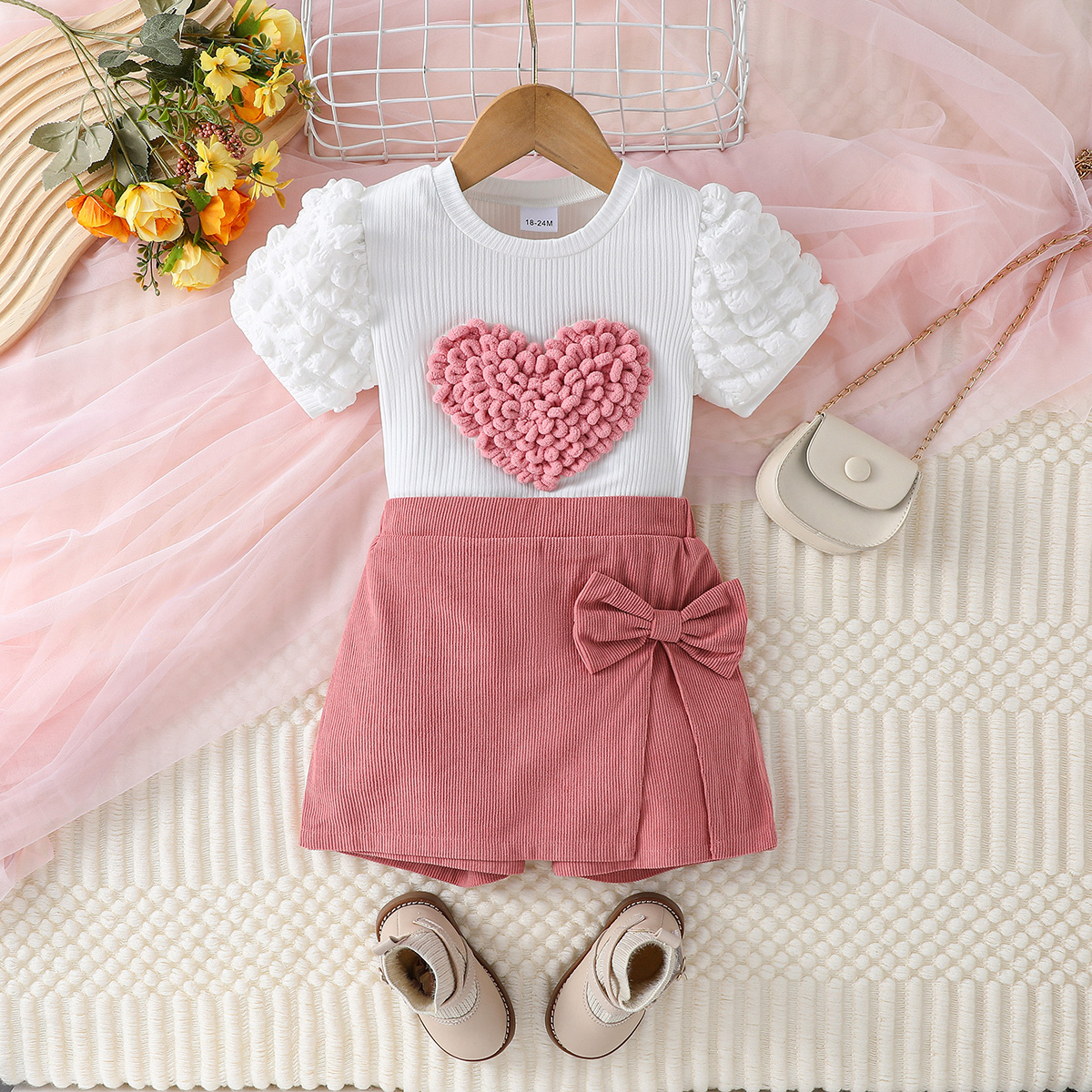 TK Conjunto De Verano Para Niña Con Solapas Puff Y Corazón Y Shorts Rosa Con Lazo Ropa Activa Casual De 1 a 6 Años