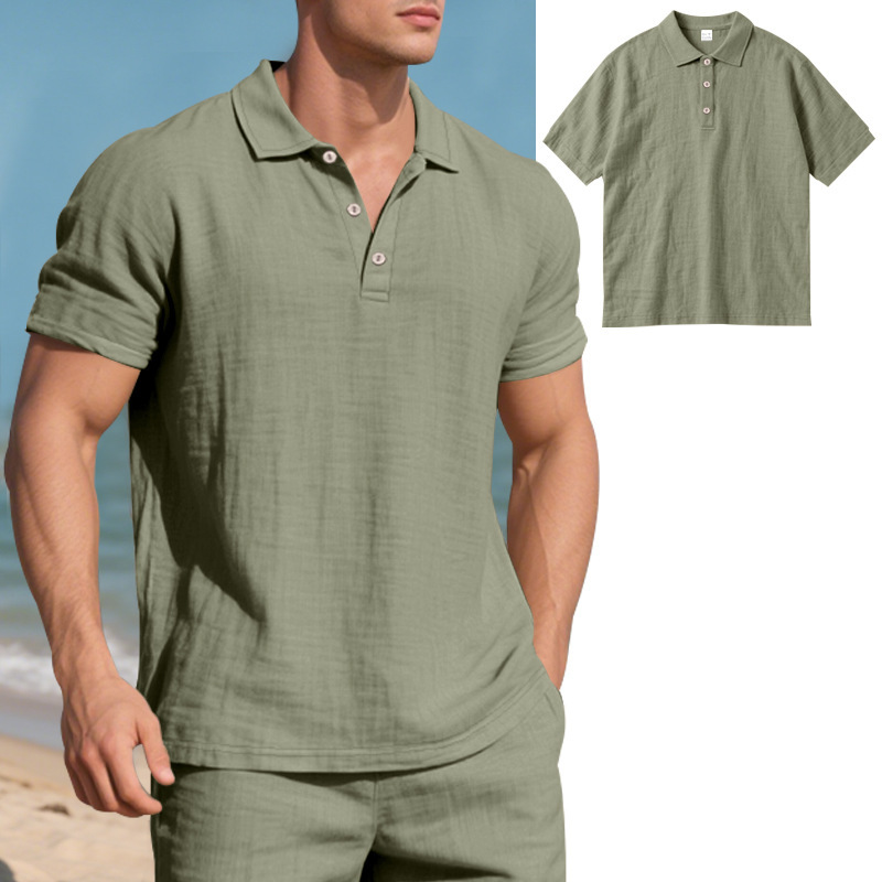 CA Camisa POLO de manga corta con solapa y botones, informal, de lino, transpirable, estilo británico, de verano para hombre
