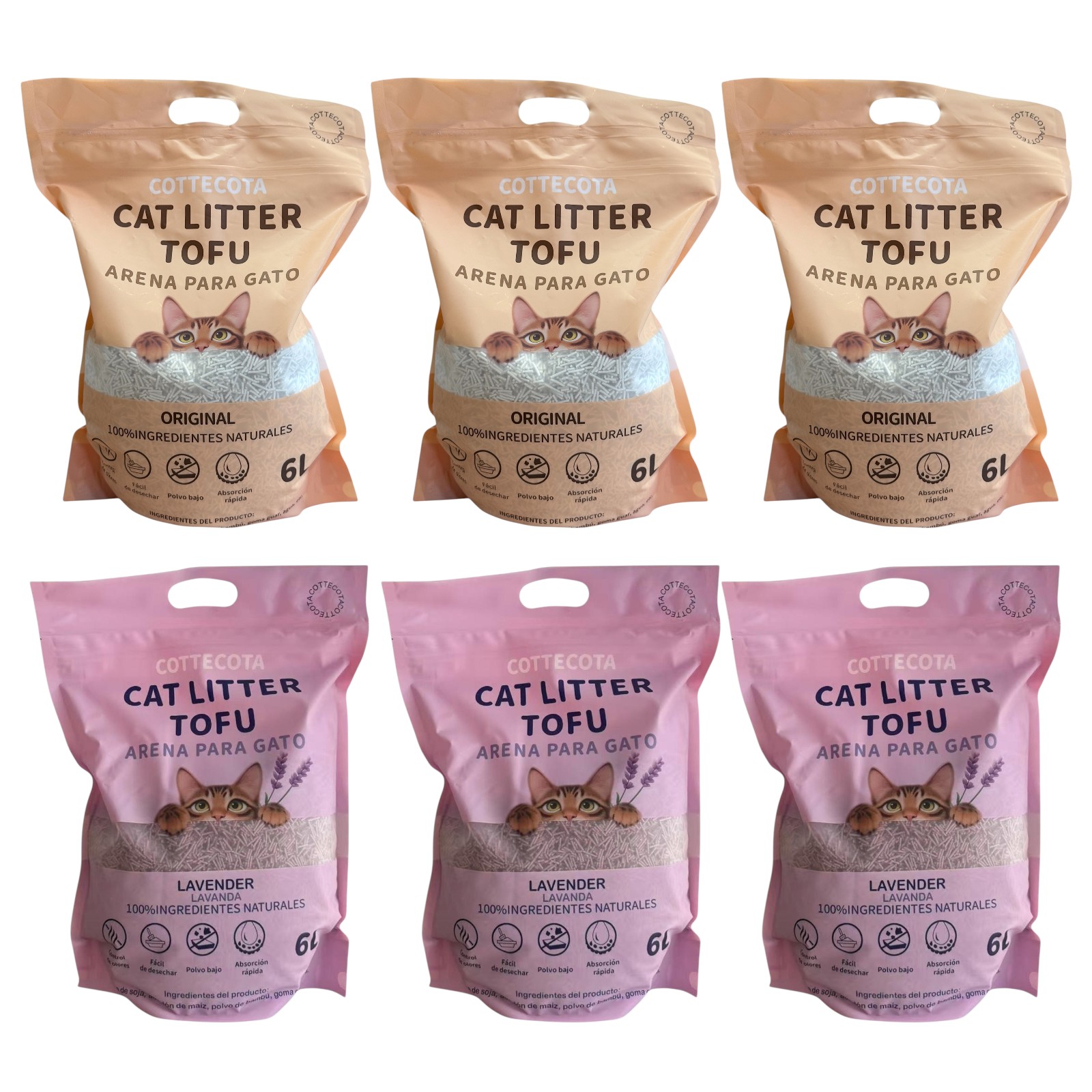 COTTECOTA - Pack 6 Arena Tofu para Gatos 6 L  Vainilla Lavanda Café Tofu ecológico Vegetal, Lecho natural para Gatos Libre de Polvo Arena Natural Aglomerante ,Arena para mascota vegetal absorvente , Arena de tofu para gatos antiolor y absorvente