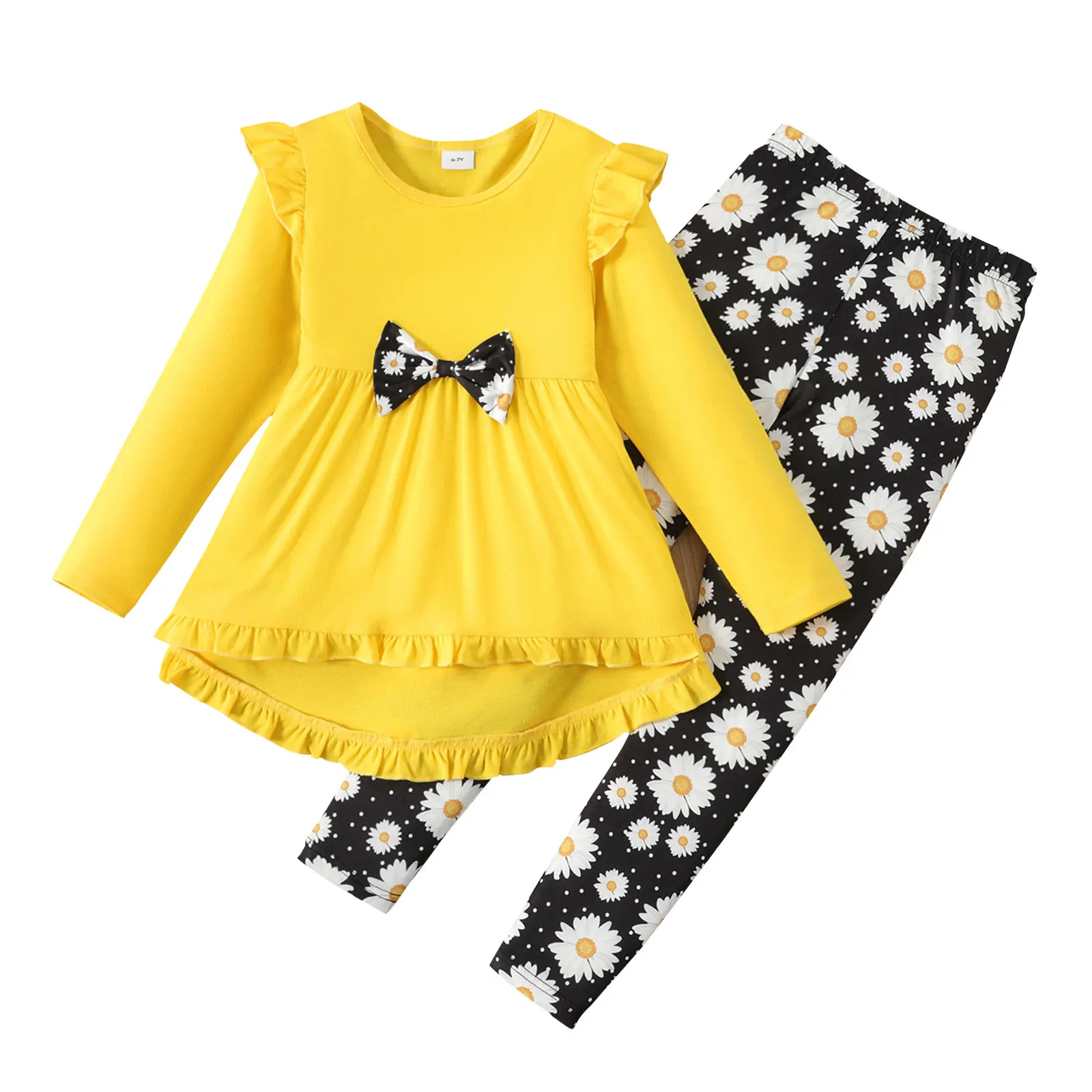 TK Conjunto De Ropa Para Niñas PatPat 2pcs Diseño De Lazo Y Volantes Con Camiseta De Manga Larga Y Leggings Estampado Floral Estilo Básico Para El Día
