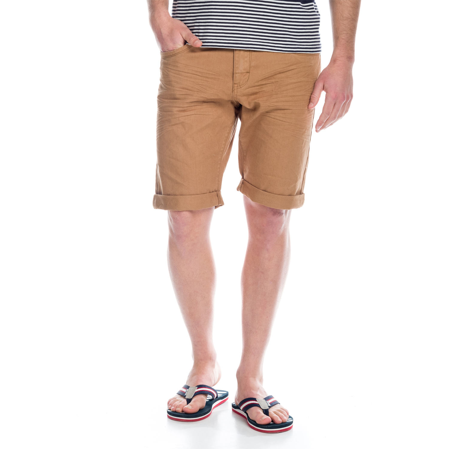 Koroshi - Bermuda hombre de algodón stretch con vuelta y 5 bolsillos, corte regular a la rodilla para verano