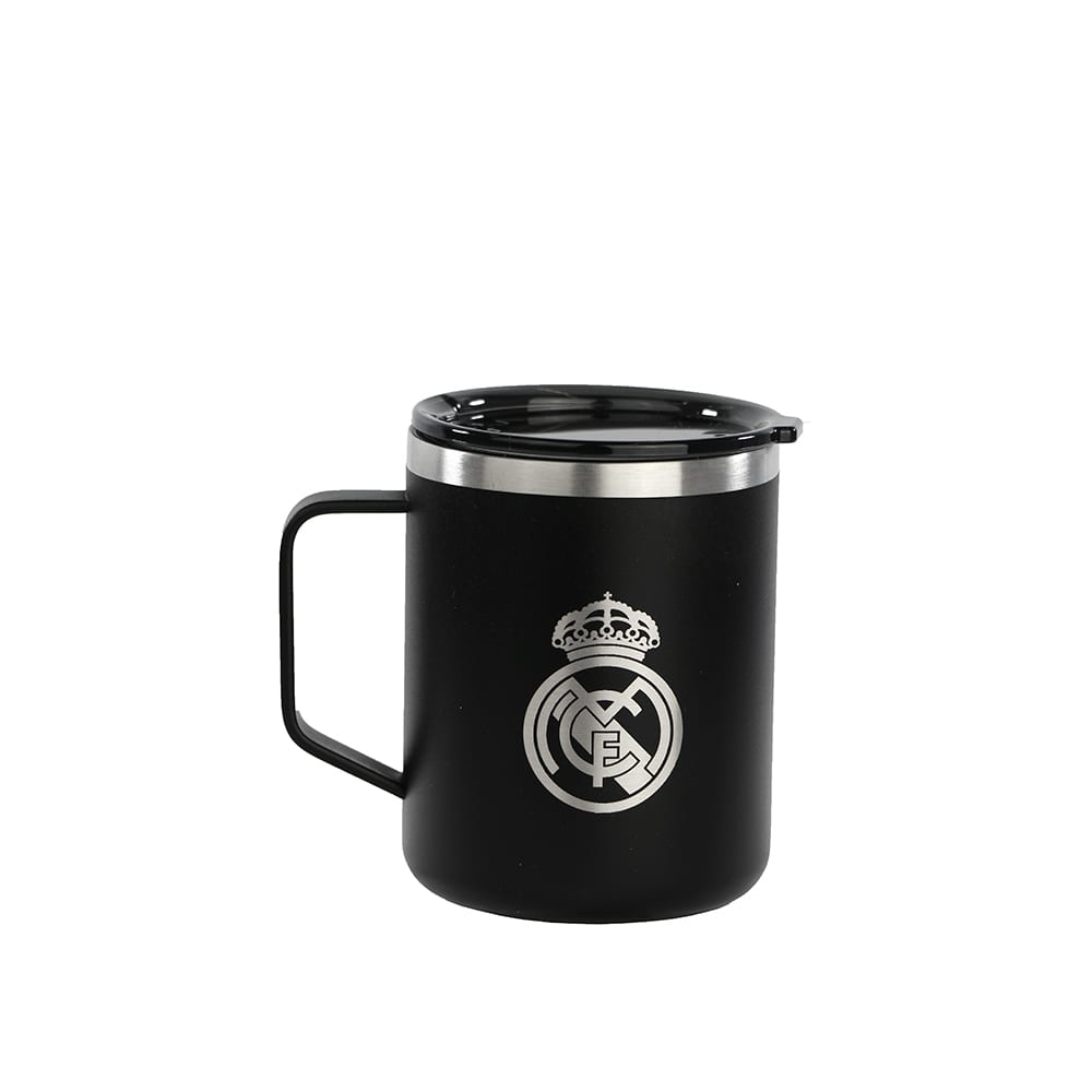 SAFTA | Botellas Termo Real Madrid 24/25 de Acero Inoxidable, Doble Pared con Aislamiento, Mantiene Bebidas Calientes y Frías, Base de Silicona Antideslizante, Asa Superior