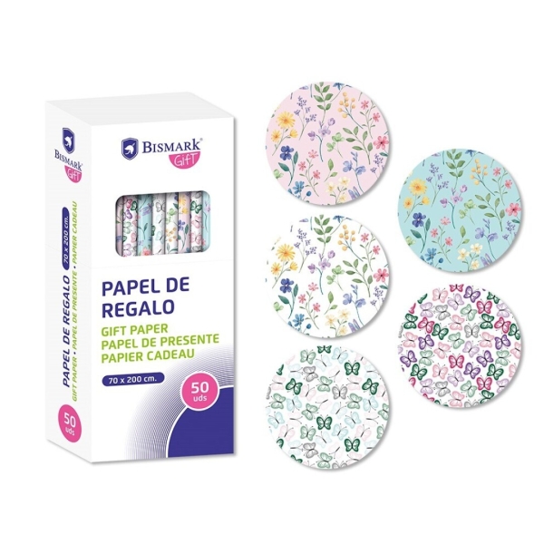 Bismark naturaleza rollo de papel regalo - medidas 70cmx200cm - 5 diseños diferentes - 10 rollos por diseño (50 uds)