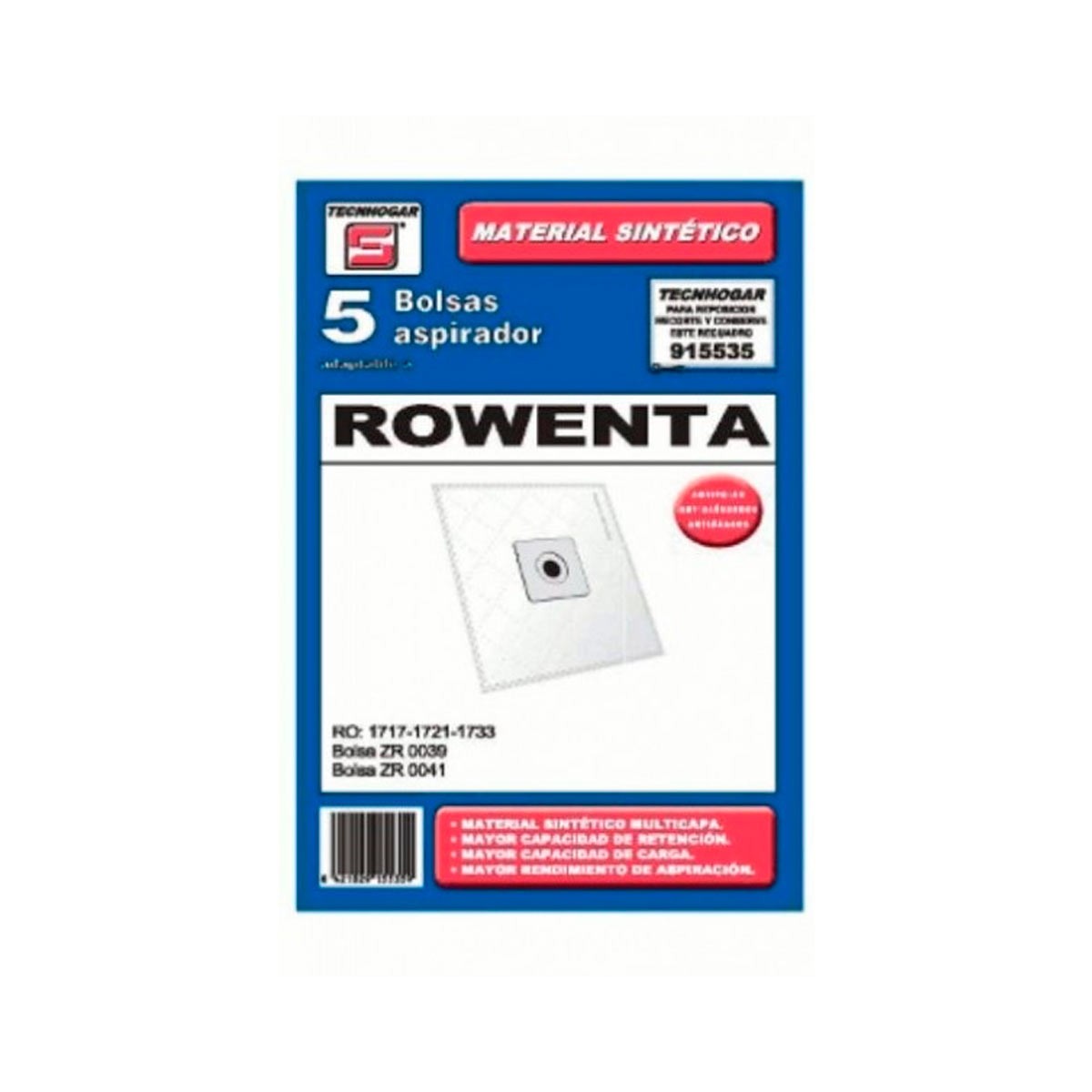 Bolsa Sintetica Aspirador Carrefour 5 UNIDADES compatible con Moulinex, Modelos: HVC12, Referencias: 915535, Compatible con Rowenta y Hoover