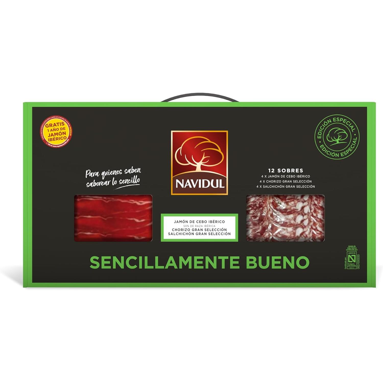 Navidul Maletín de Jamón de Cebo Ibérico (50% raza ibérica)10x70g,///Navidul Maletín de Jamón de Cebo Ibérico 4x75g, Chorizo Gran selección 4x75g y Salchichón Gran selección. 4x75g Total 900 gr