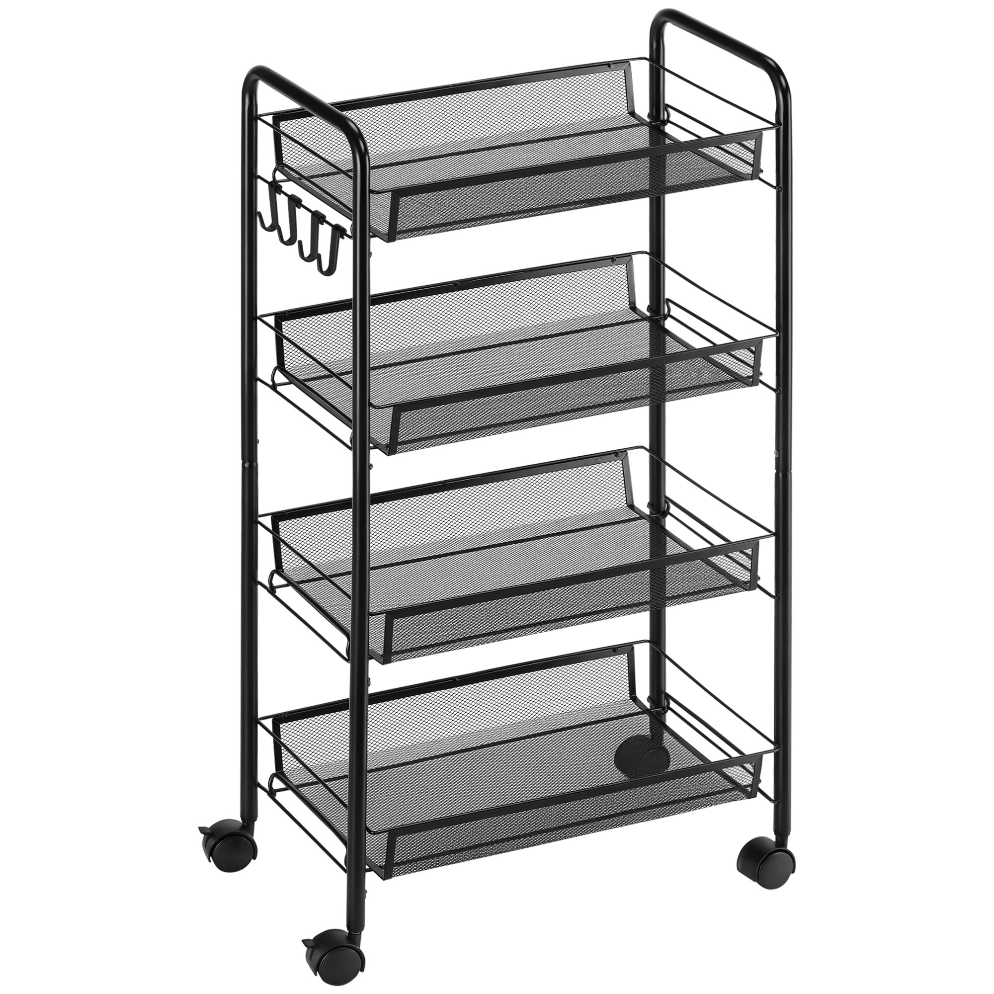HOMCOM Carrito Auxiliar con Ruedas, Verdulero Cocina de 4 Niveles, Carrito de Cocina con 4 Ganchos, Carga 12 kg, para Comedor, Sala de Estar, Baño, 45x26,5x84 cm, Negro