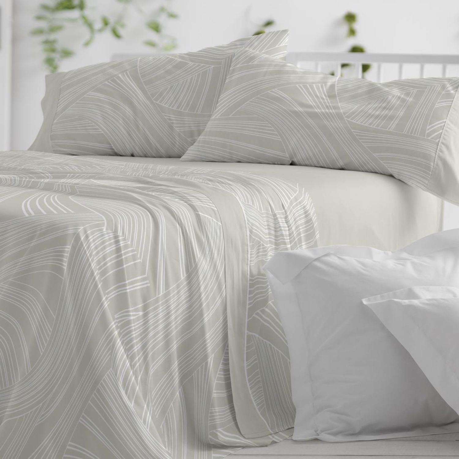 Juego Sábanas BURRITO BLANCO 100% Algodón Franela Diseño Líneas Azul grisáceo - Cálido, Tacto Suave, Larga Duración - Cama 90-200cm