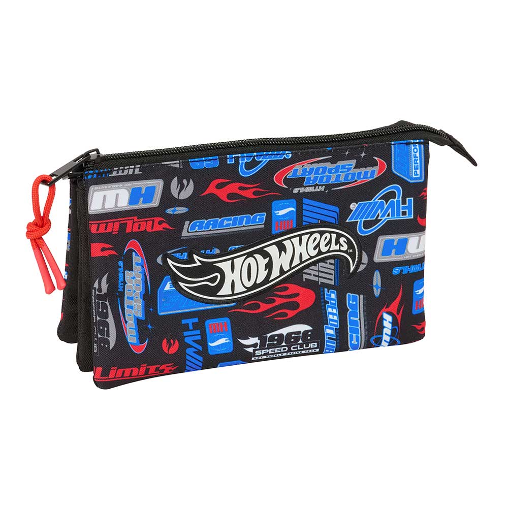 SAFTA | Plumier Hot Wheels 37 Piezas Portatodo Escolar Organizador con 3 Compartimentos y Cremallera, Incluye Rotuladores, 16 Lápices de Colores, Regla y Semicírculo, Cremallera con Tirador Rojo