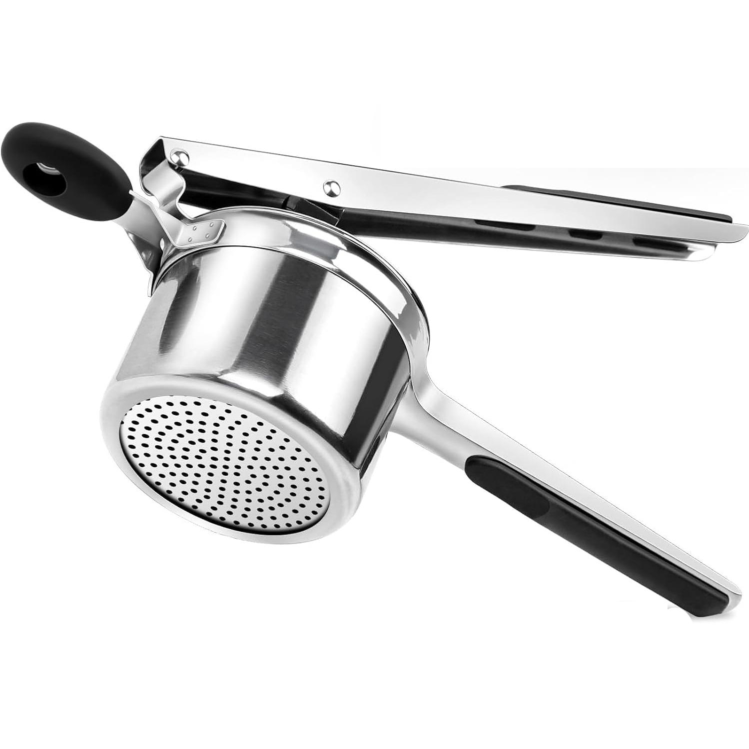 Prensa de Patatas Manual de Acero Inoxidable con Mango Ergonómico de Silicona – Machacador de Puré de Patatas 3 en 1 con 3 Discos Intercambiables – Utensilio de Cocina Profesional para Patatas, Verduras, Frutas, Purés y Zumos