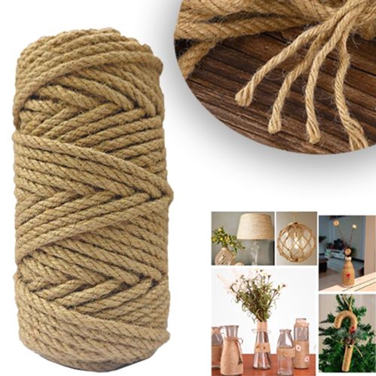Cuerda de yute - Cuerda - Cordón - Cuerda de cáñamo - 50 m x 6 mm - Fibras naturales - Resistente al desgarro - Decoración de jardín - Embalaje decorativo - Apto para jardinería - Manualidades - Bricolaje - Envolver - Atar y decoración del hogar - Regalo