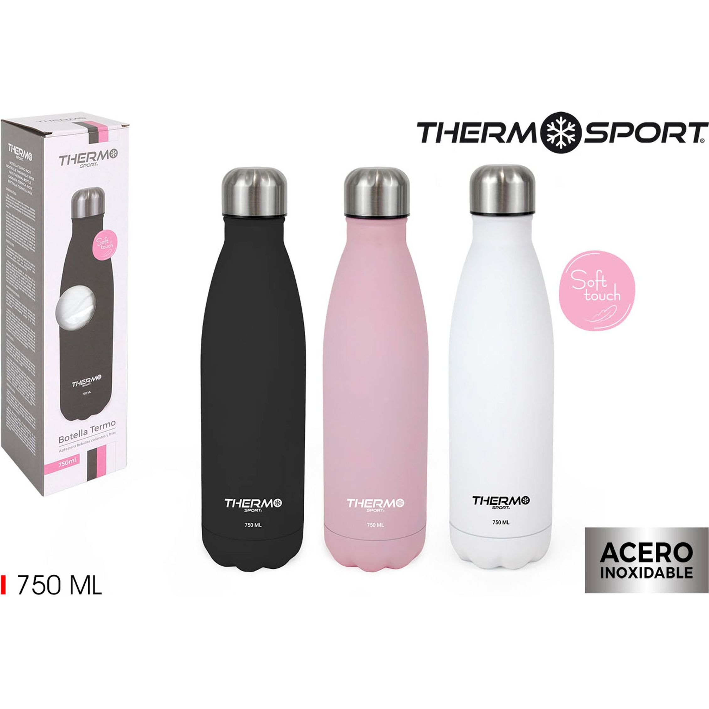 THERMOSPORT - Botella Termo Soft Touch 750ML (COLORES SURTIDOS) - Botella Termo de Acero Inoxidable - Botella Termo para Bebidas Calientes y Frías - Botella Termo de Doble Pared Aislante - Botella Termo con Tapón Hermético
