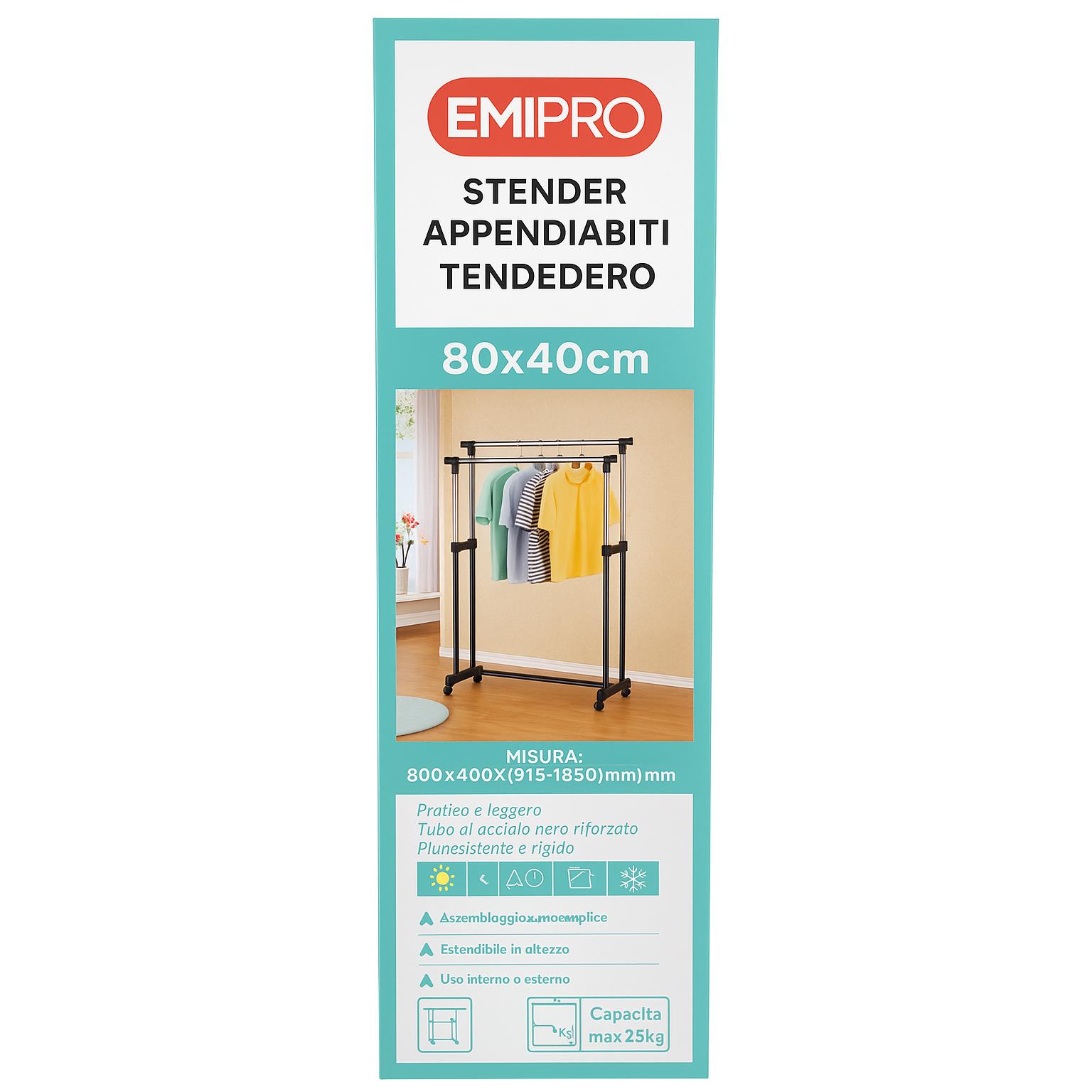 Tendedero de Ropa EMIPRO con Doble Barra Ajustable – Estructura Reforzada con Ruedas, Resistente y Portátil para Hogar y Tienda