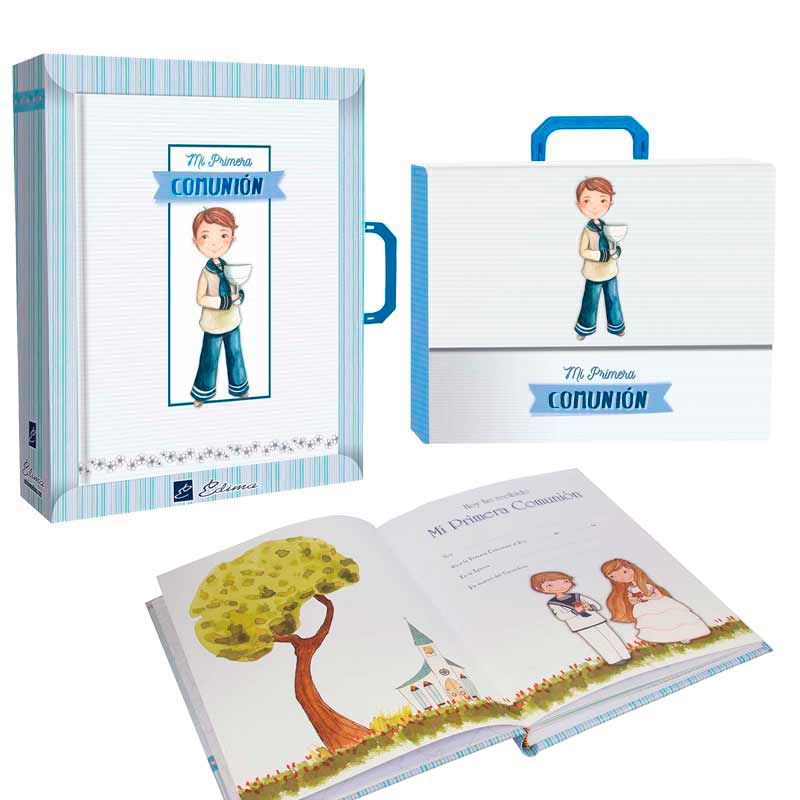Libro de firmas, recuerdo de la Primera Comunión.  Con estuche y maletín a juego. Dispone de 60 páginas a todo color, para firmas, fotos, recordatorios, invitados, con oraciones. Un regalo imprescindible en la Primera Comunión. Fabricado en España.