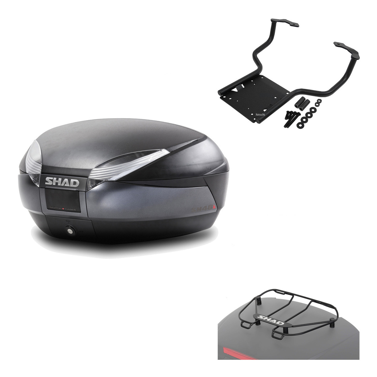 Baul Trasero + Herraje Montaje + Parrilla Portabultos Sh48 Dark Grey Premium KIT-190222