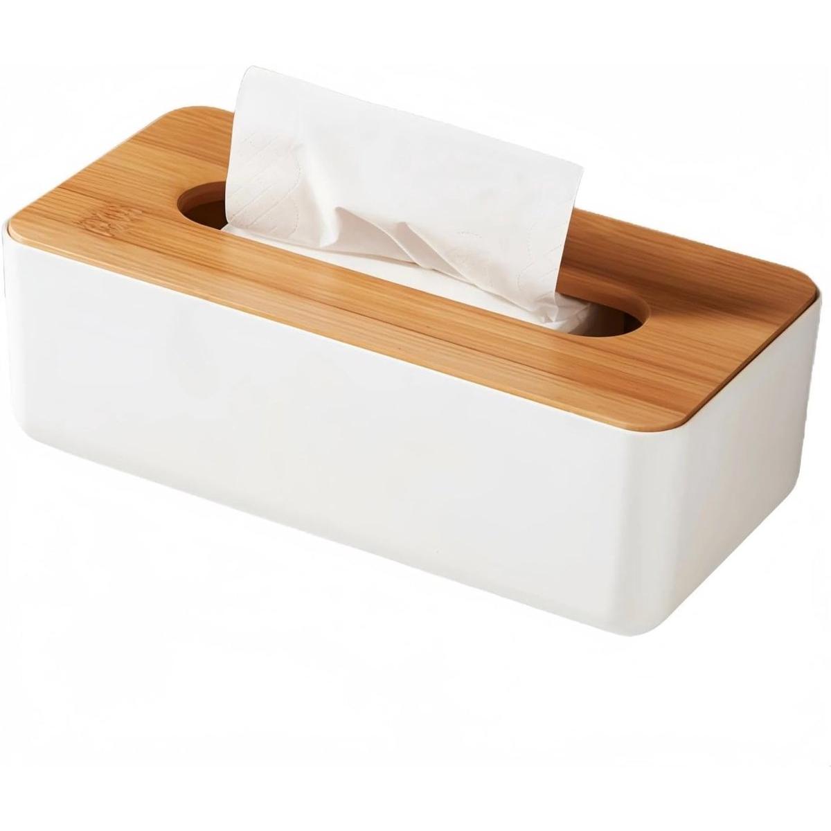Caja de pañuelos - Dispensador de pañuelos - Dispensador de pañuelos - Tapa de bambú - Caja de pañuelos de plástico - Dispensador de servilletas - Tapa de bambú - Para el hogar, dormitorio, oficina, sala de estar - Blanco