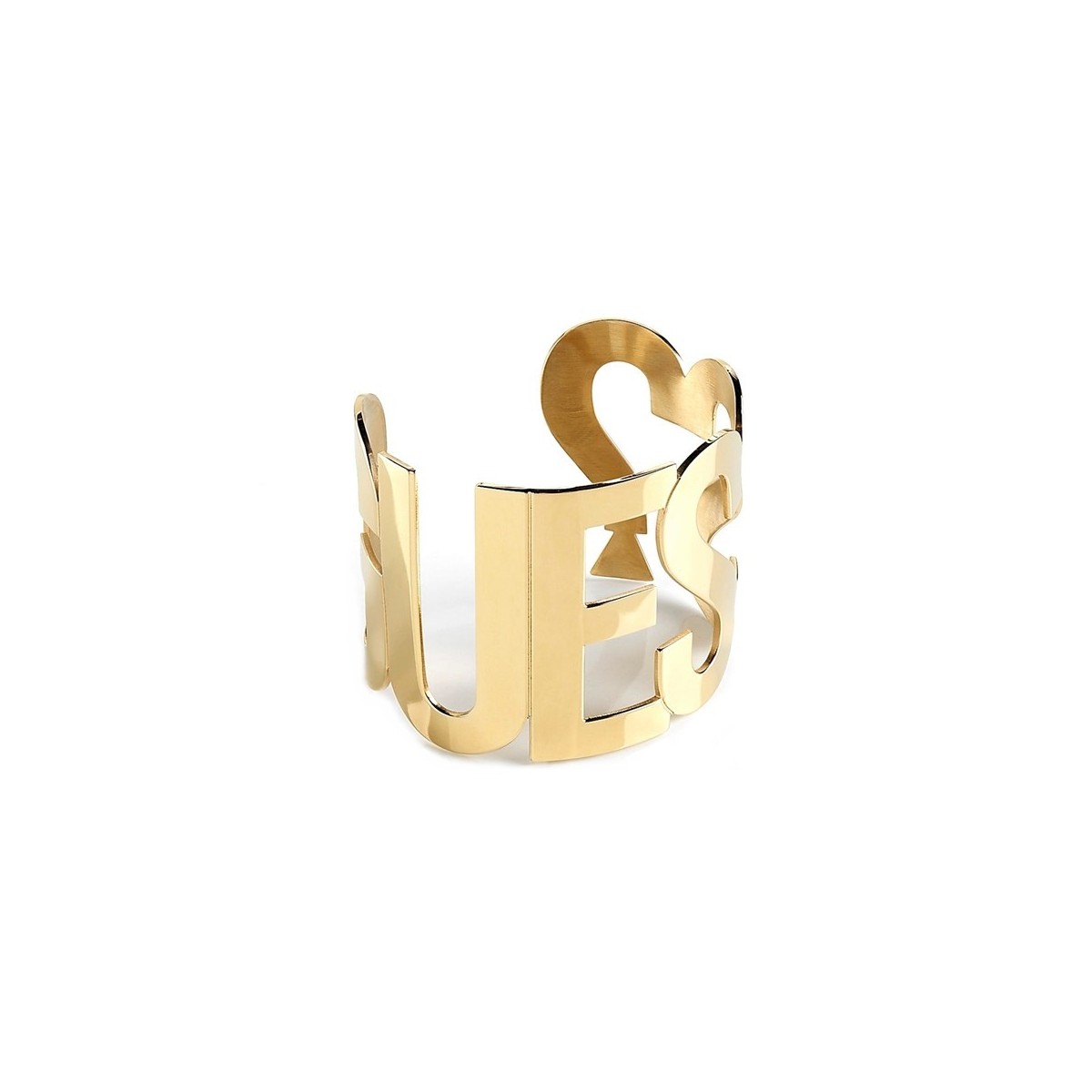 Sortija Guess Los Ángeles UBR20001 acero inoxidable chapado oro abierta letras logo interrogación