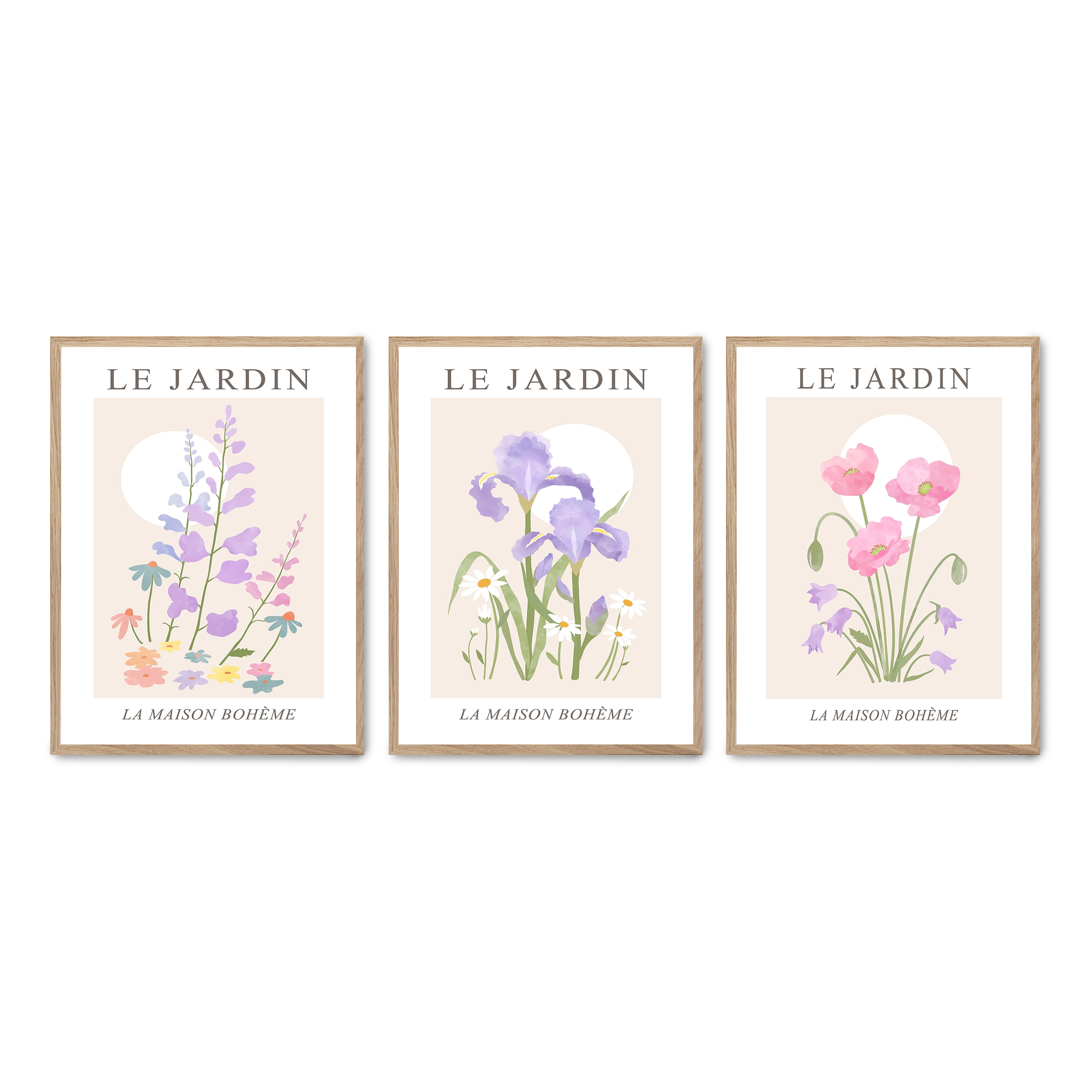 Set compuesto por tres cuadros con marco roble 30x40cm, Póster impreso en papel de calidad premium de 180gr, montado en marco de madera MDF con acabado en color roble, SETS